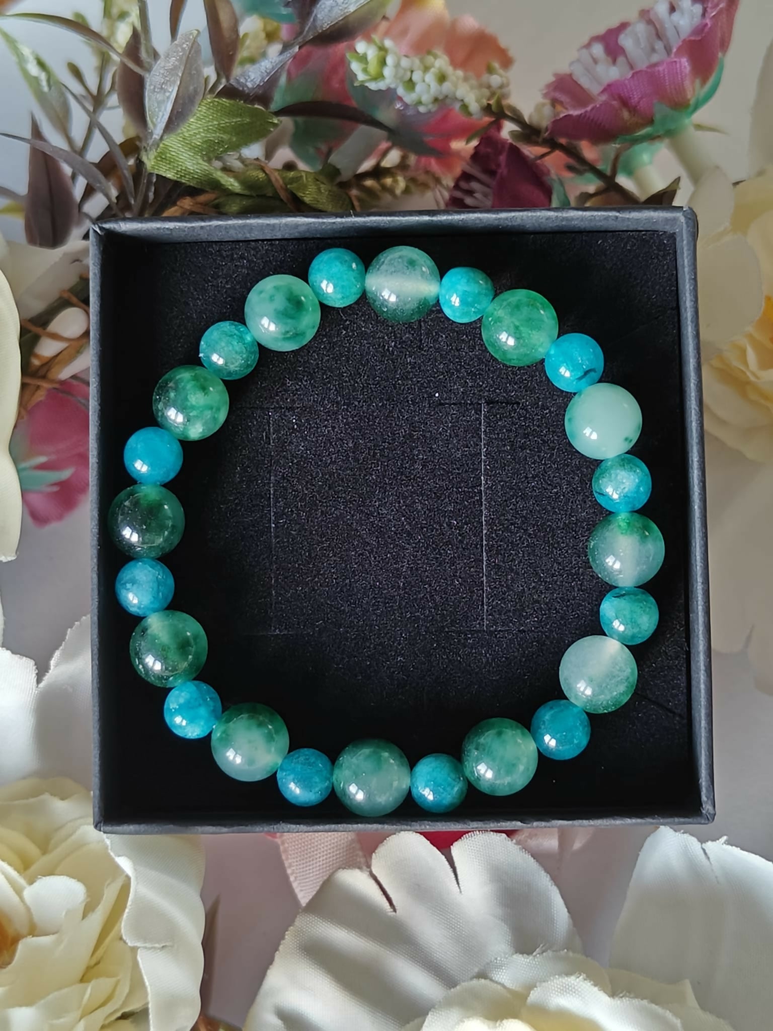 Green Chalcedony and Blue Apatite Crystal Bead Bracelet