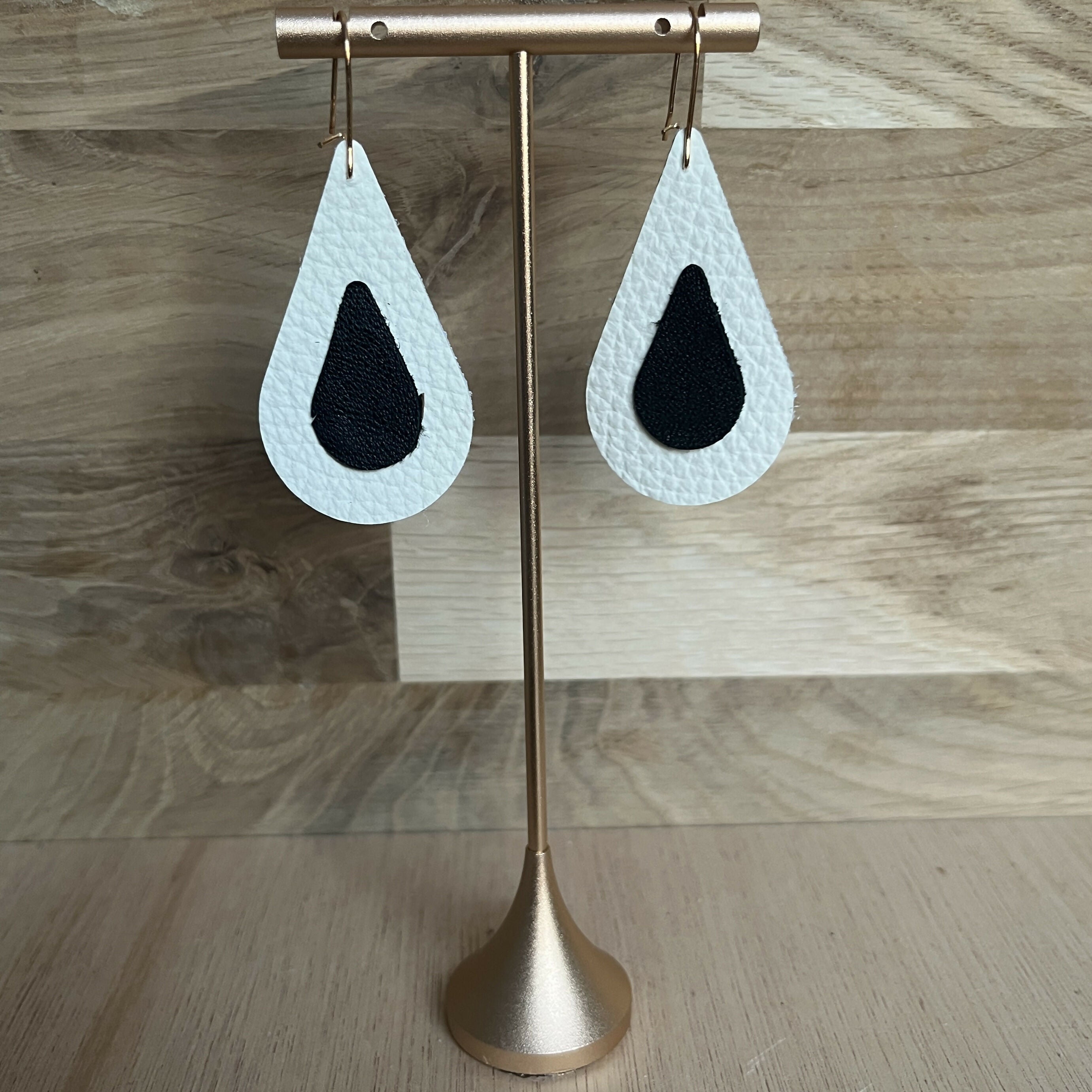 Forest Whisper Leather Earrings – Black & White Teardrop
