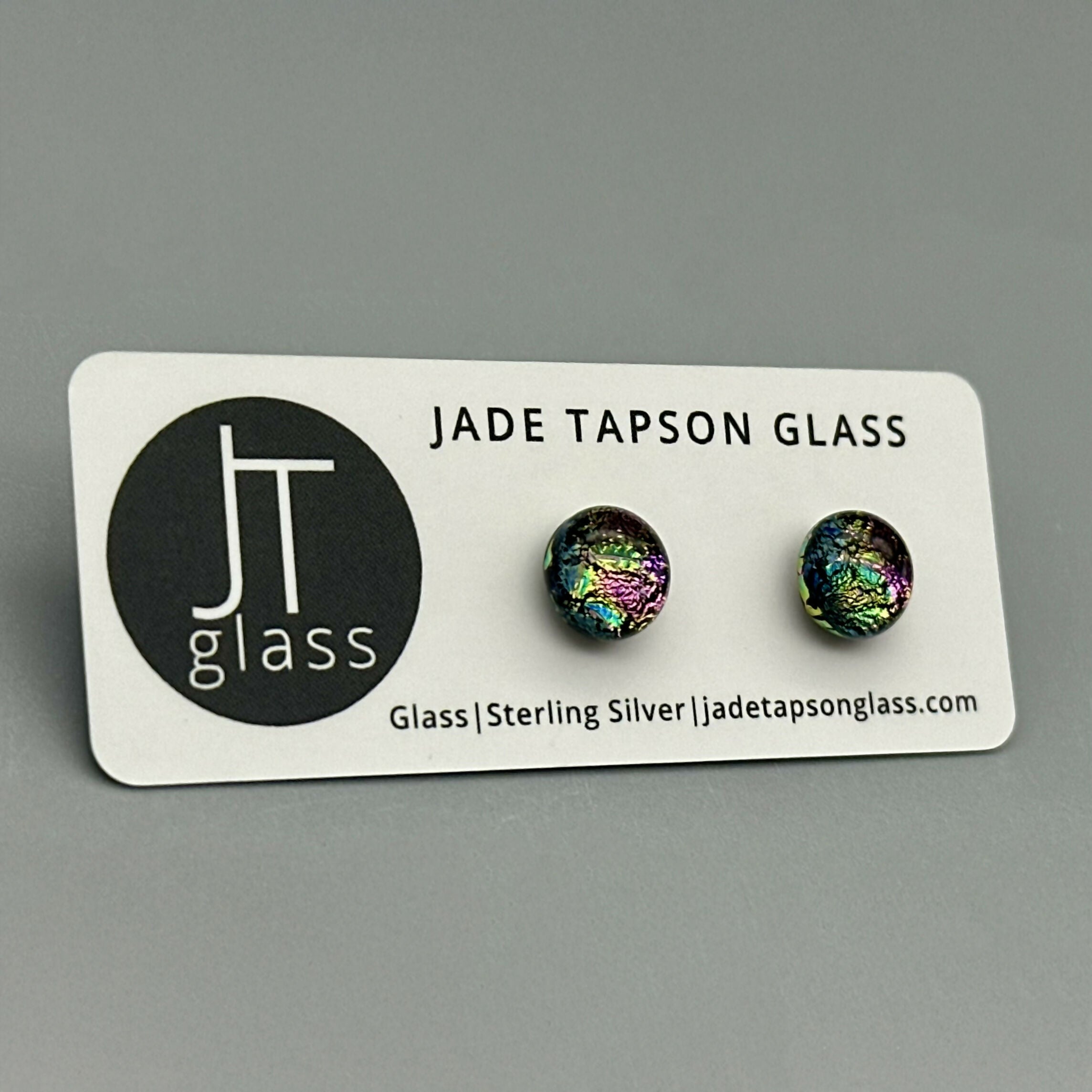 Pink Raindrop Dichroic Fused Glass Sterling Silver Stud Earrings - Handmade by Jade Tapson Glass.