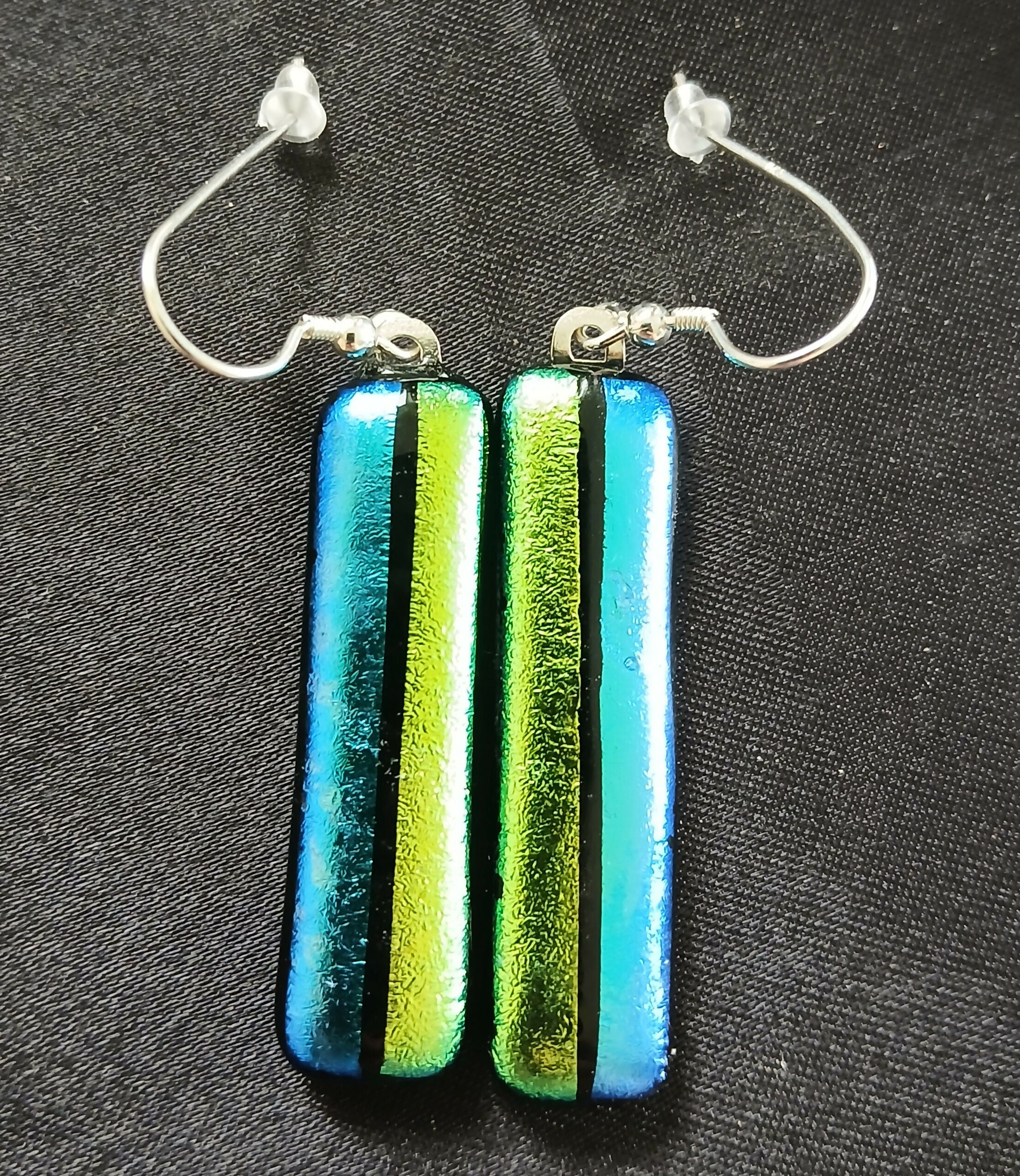 Fused Dichroic Glass Earrings in Yellow and Green with Sterling Silver Hooks