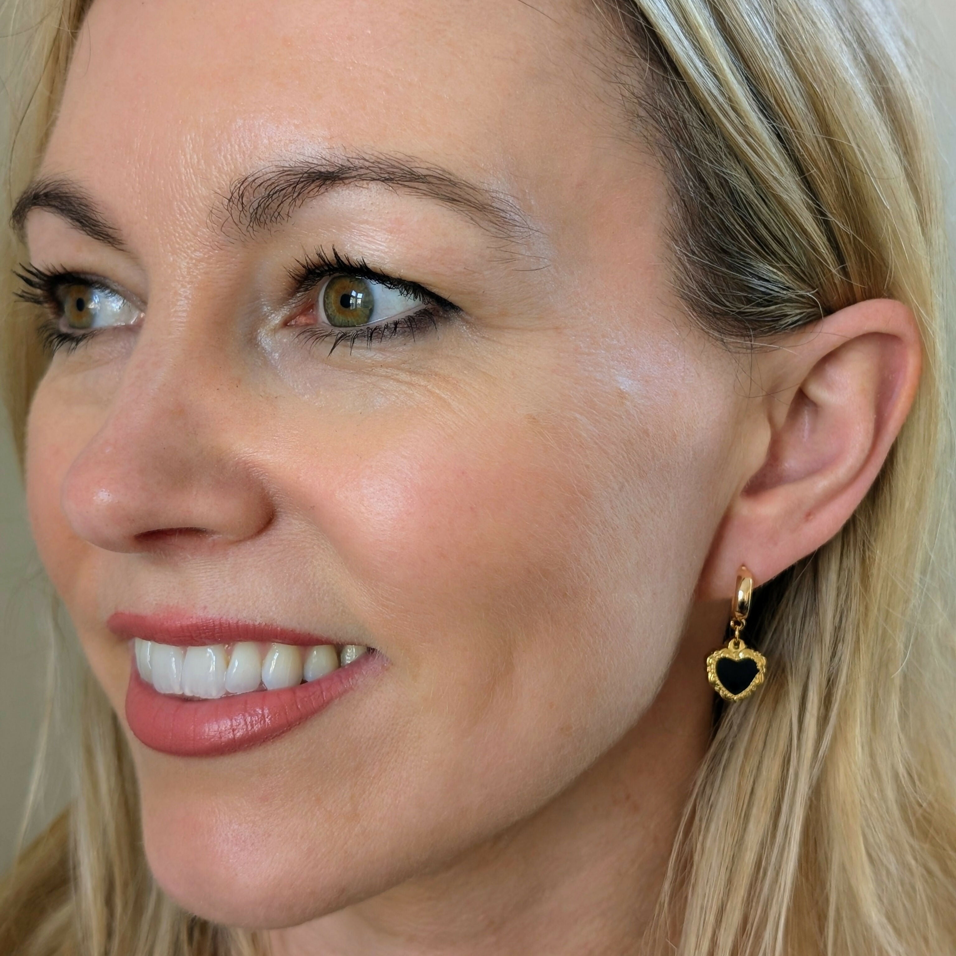 Black Enamel Gold Ornate Heart Earrings on a Gold Plated Half Loop Huggie Stud