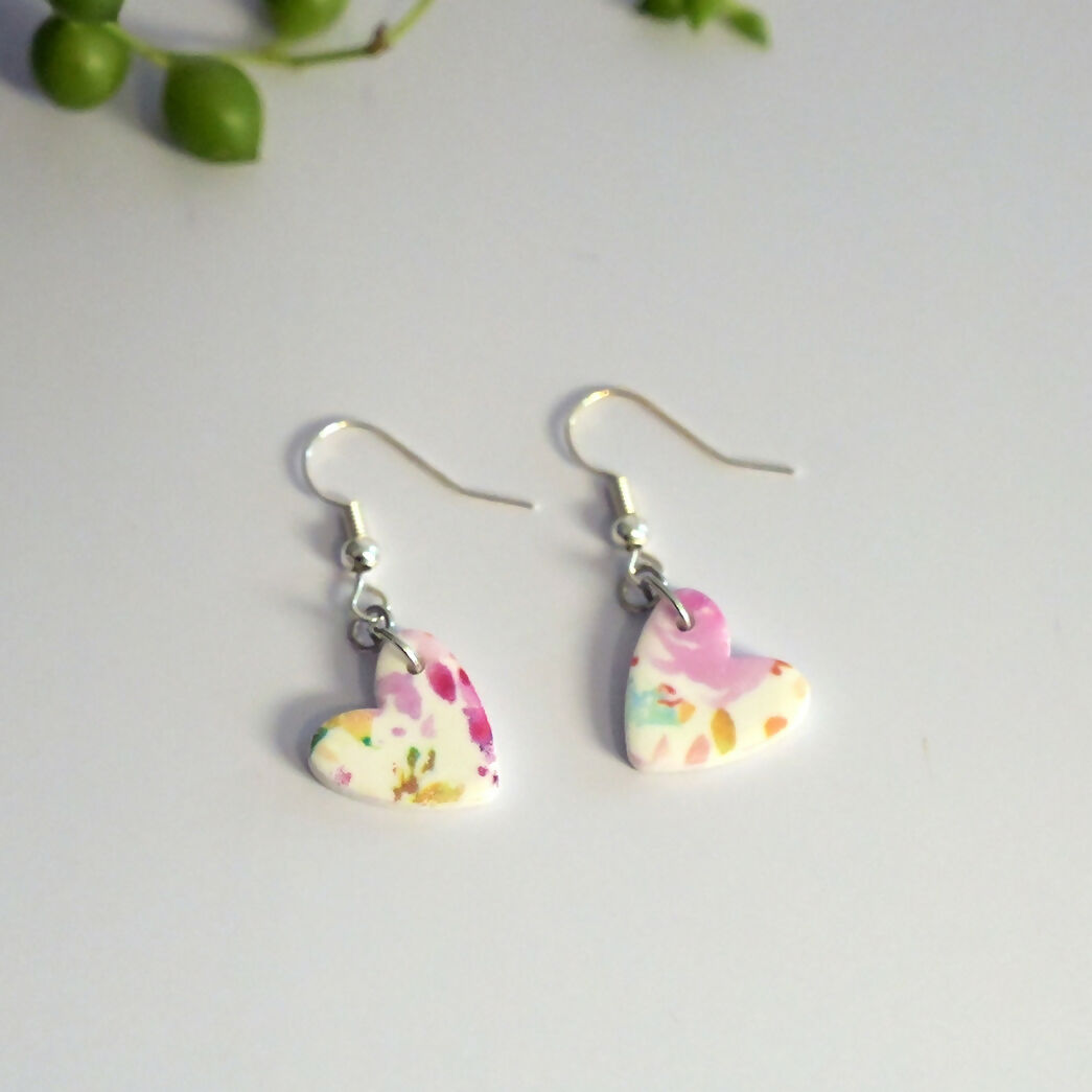 Pink Floral Heart Dangle Earrings - Handmade Polymer Clay - Polly Plant