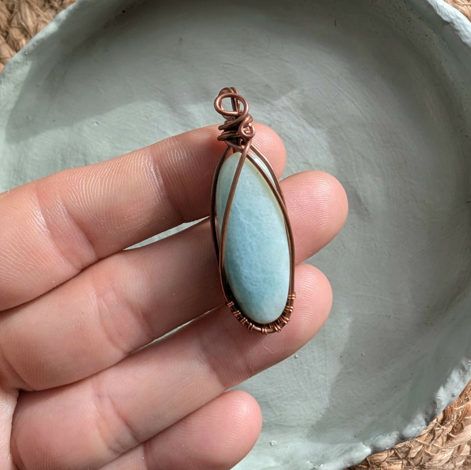 Hand Wrapped Larimar & Copper Pendant & Cord