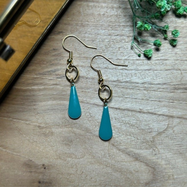Lovely Gold Plated Teal Enamel Raindrop Earrings