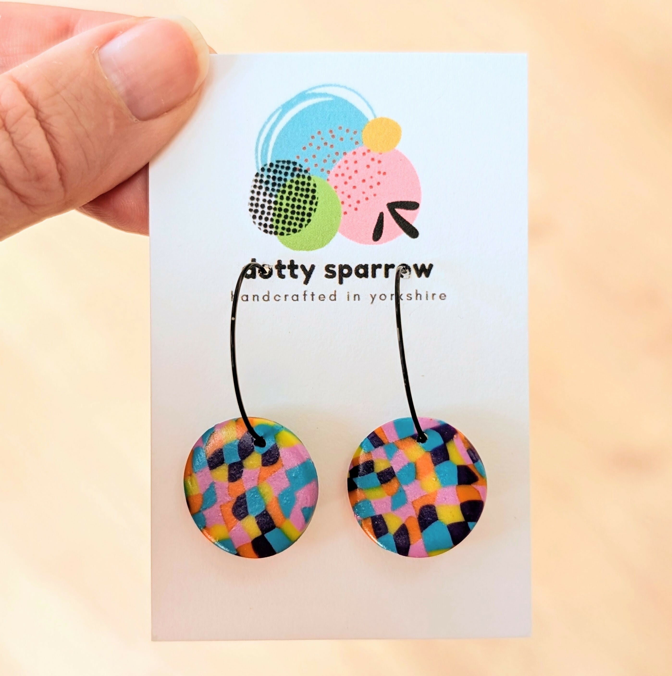 Orange Purple Turquoise Yellow Mosaic Circle Hoop Handmade Polymer Clay Earrings