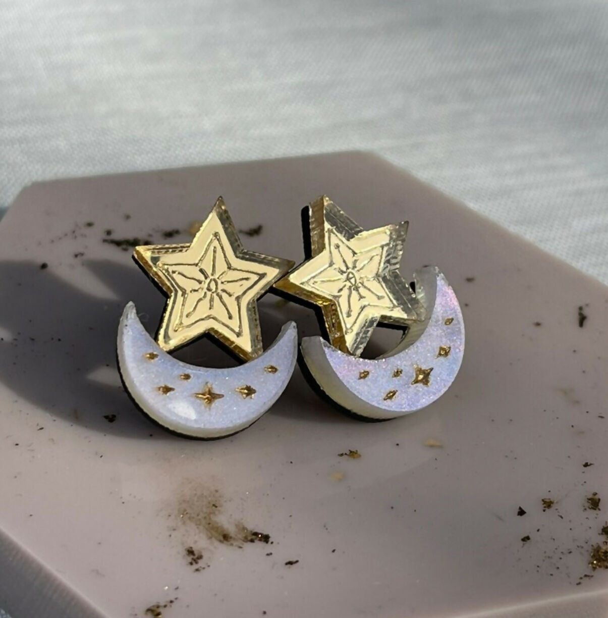Celestial, Engraved, Moon And Star Stud
