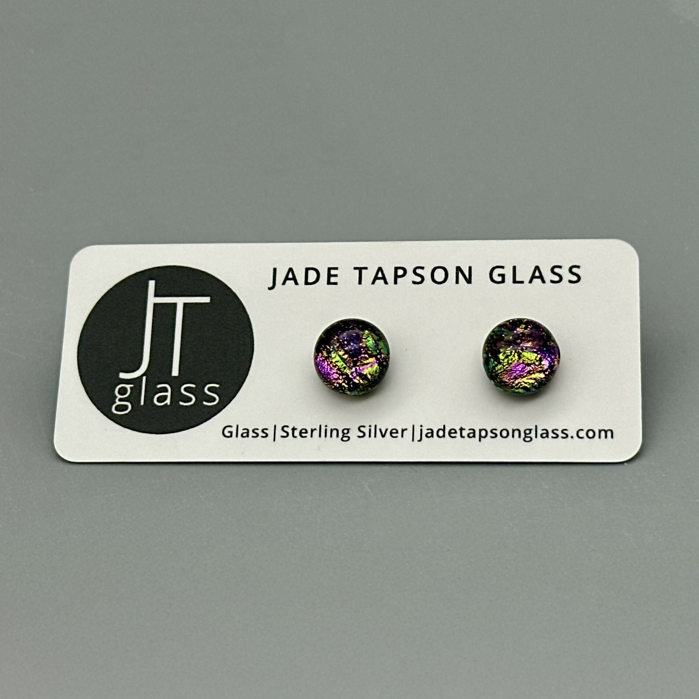 Pink Raindrop Dichroic Fused Glass Sterling Silver Stud Earrings - Handmade by Jade Tapson Glass.