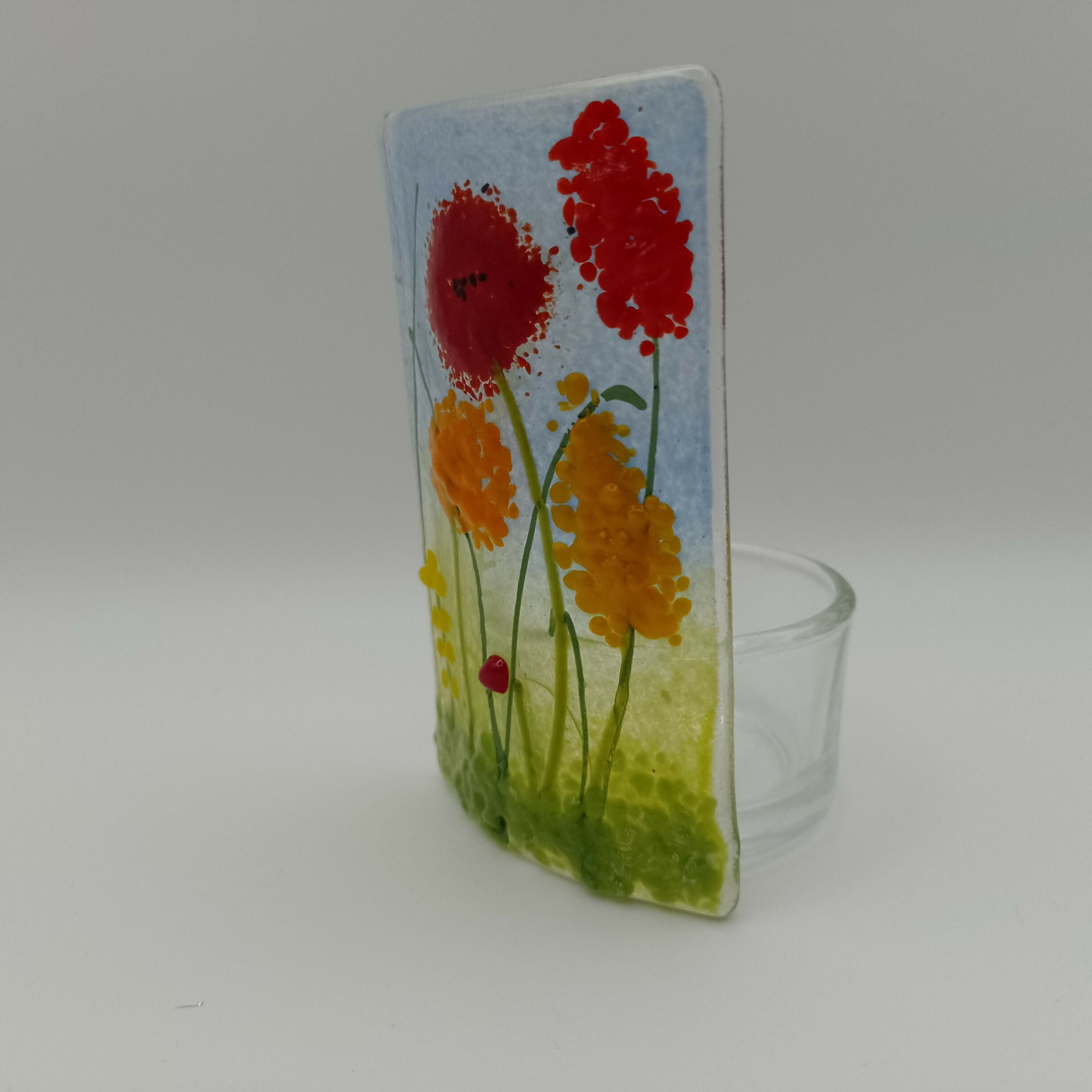 Fused Glass Orange and Red Flower Tealight