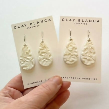 White Leaf Pattern Teardrop Dangles