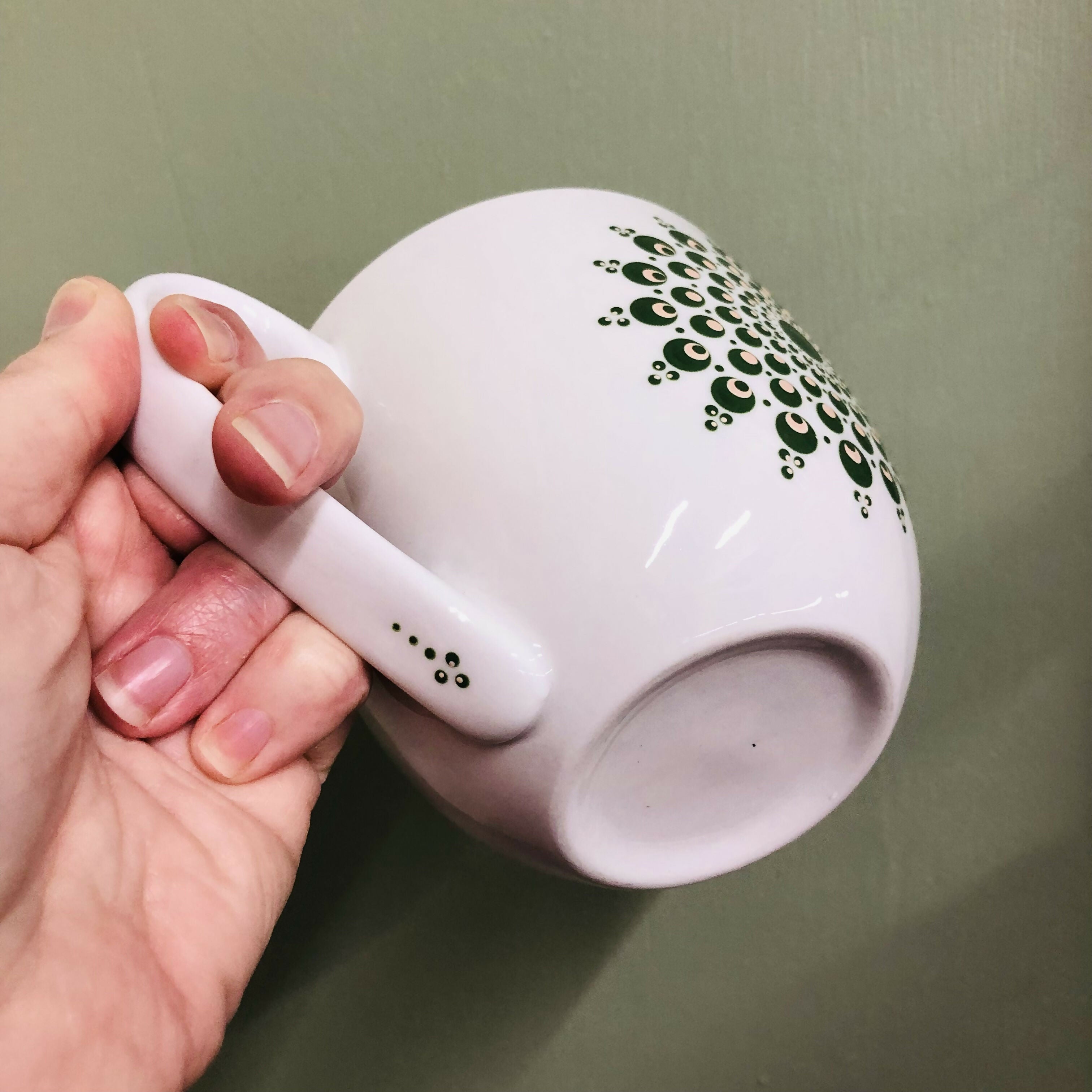 Hand Painted Dot Mandala Large Mug: Forest Green and Baby Pink