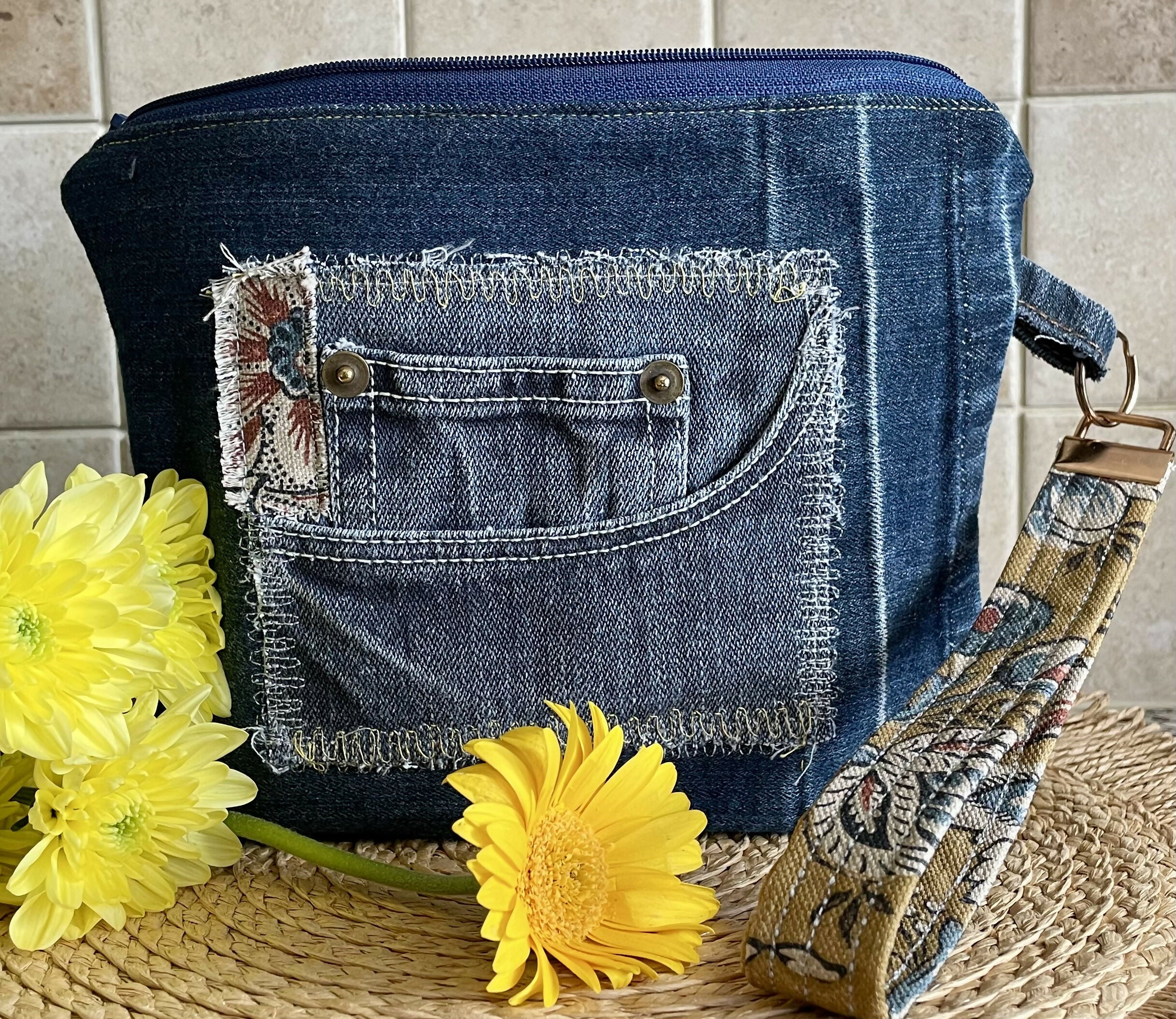 Upcycled Denim Clutch Bag with wristlet.