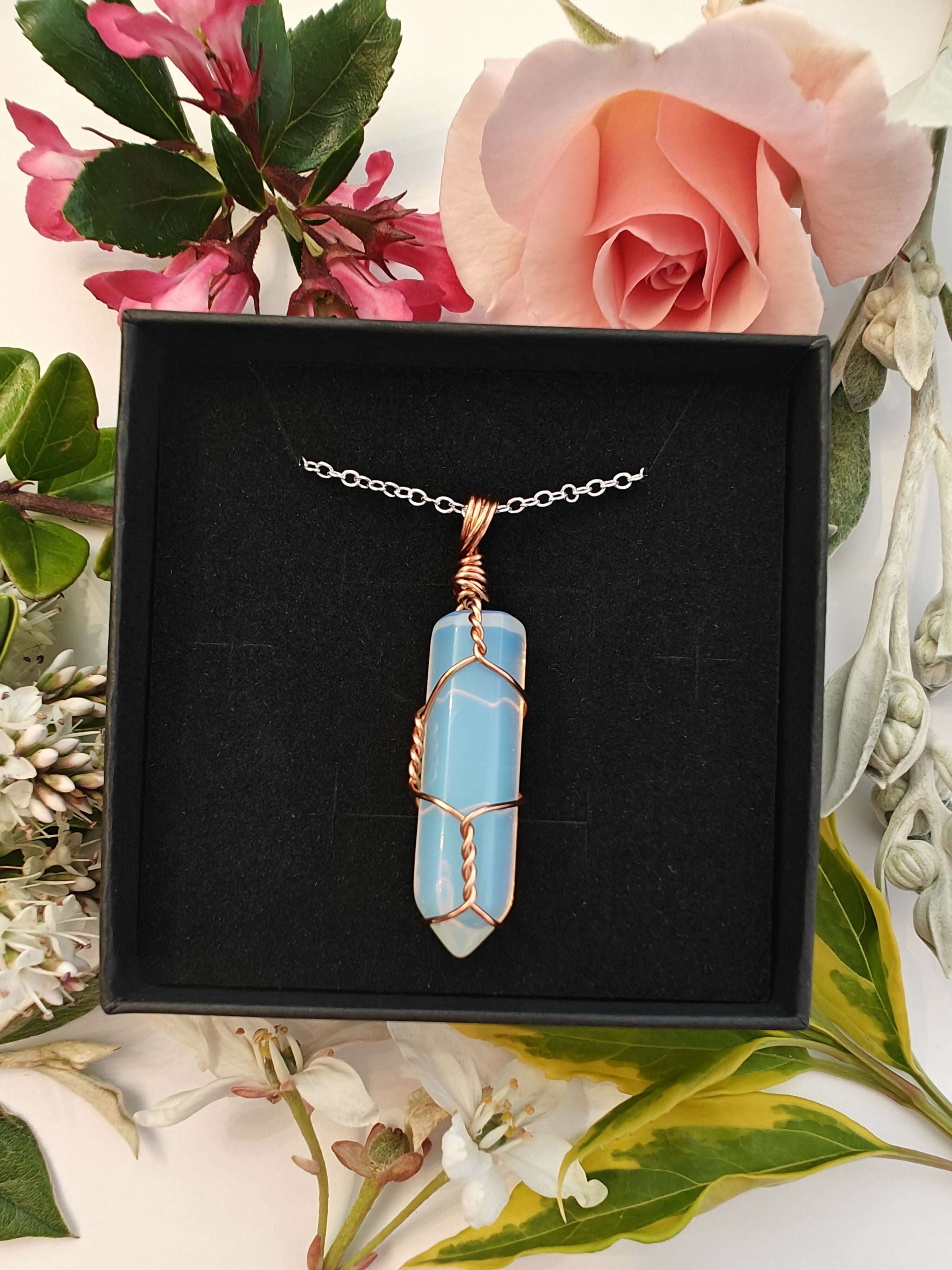 Opalite Wire Wrapped Crystal Point Necklace on Sterling Silver Chain