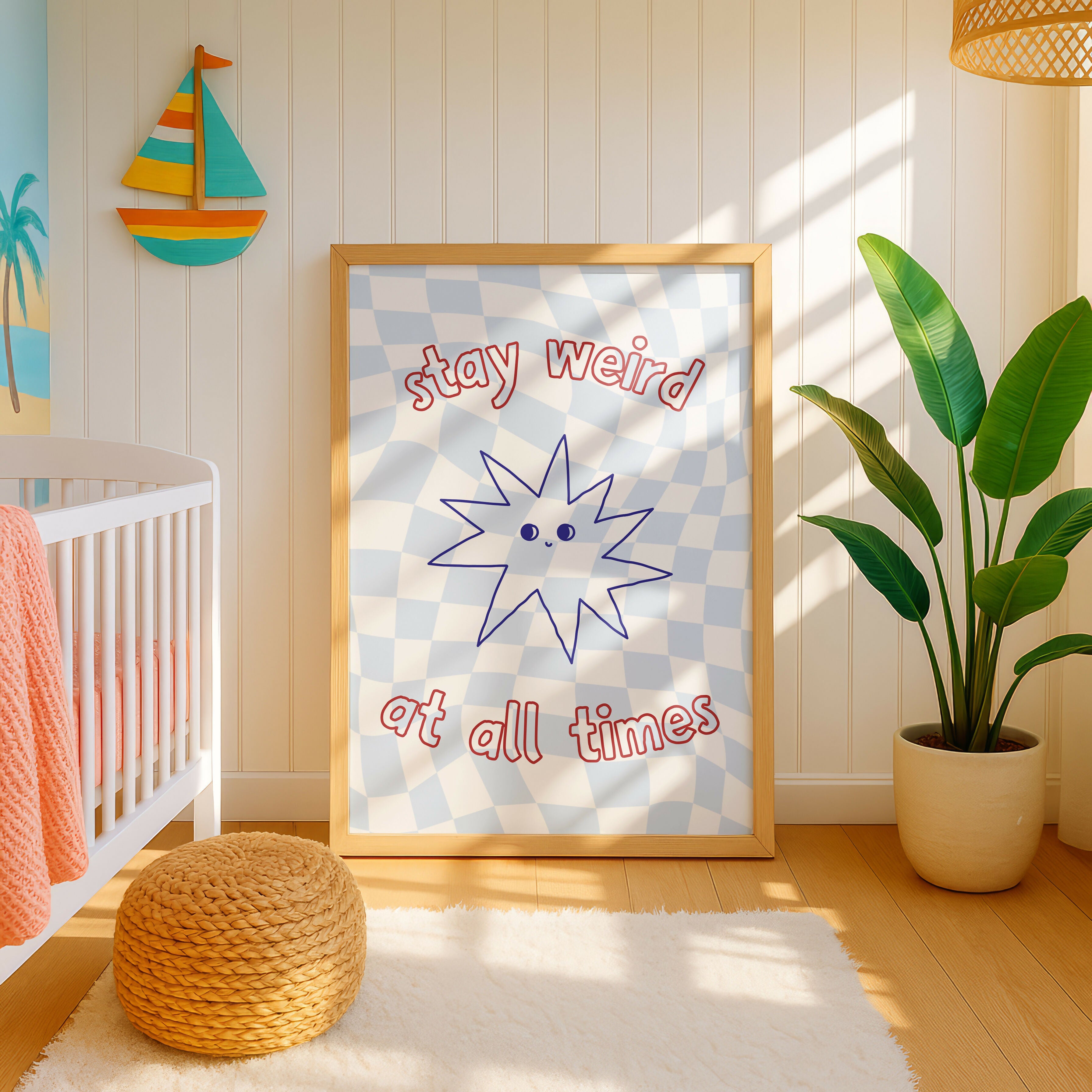 Stay Weird Blue White Checkerboard Print