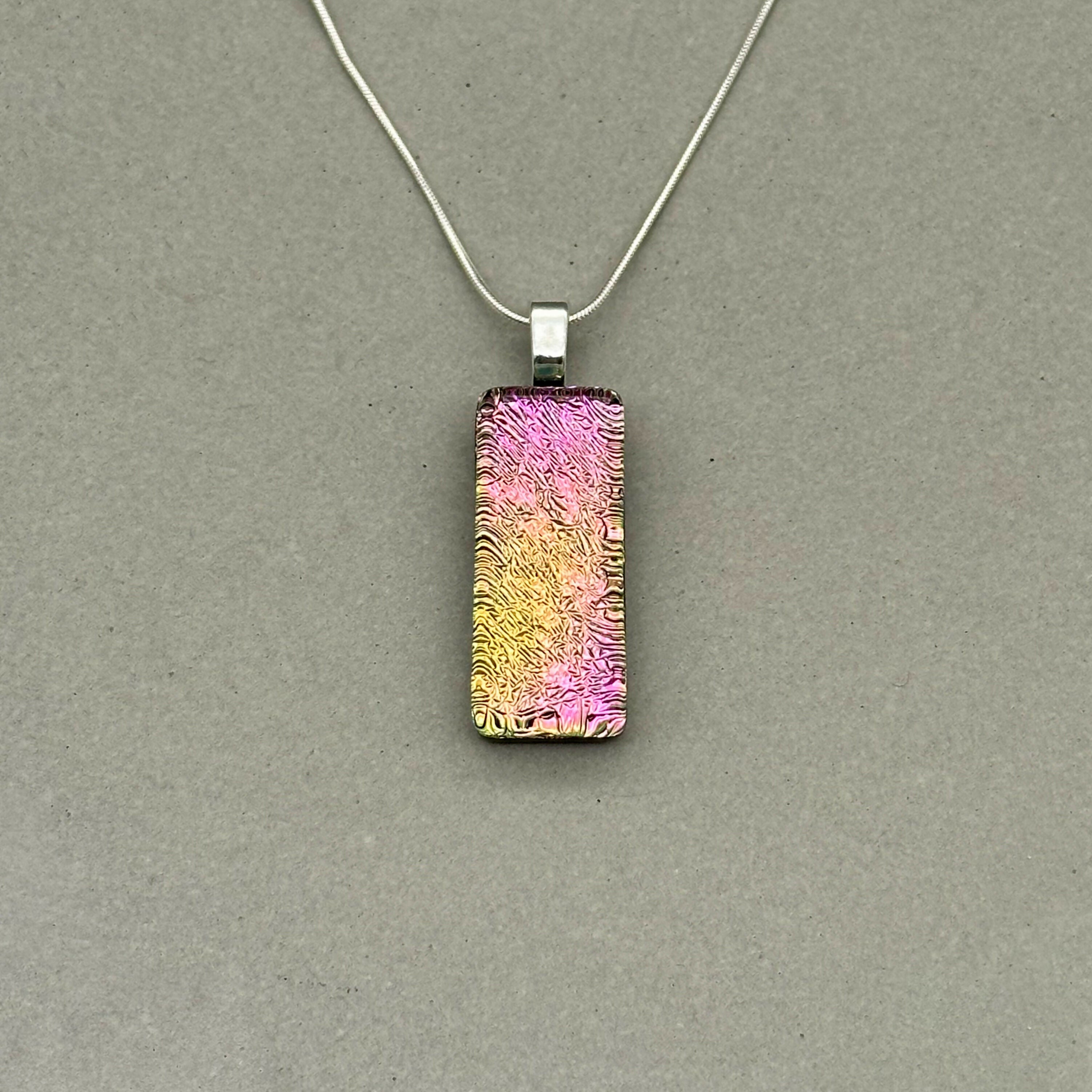 Pink & Yellow Dichroic Glass Necklace and Earrings Set - Sterling Silver, Handmade by Jade Tapson Glass