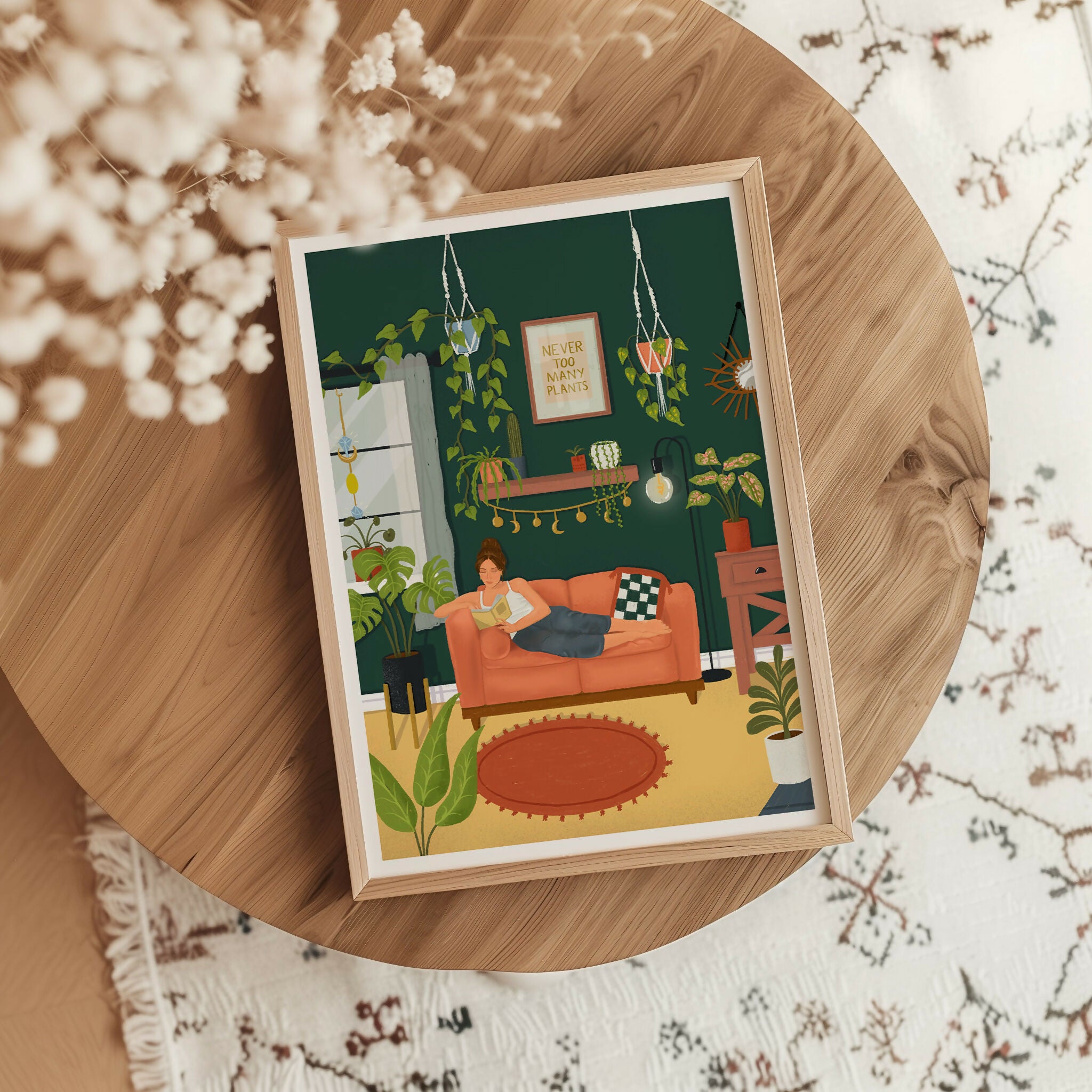 Plant Lover Art Print, Cosy Living Room Illustration (A3)
