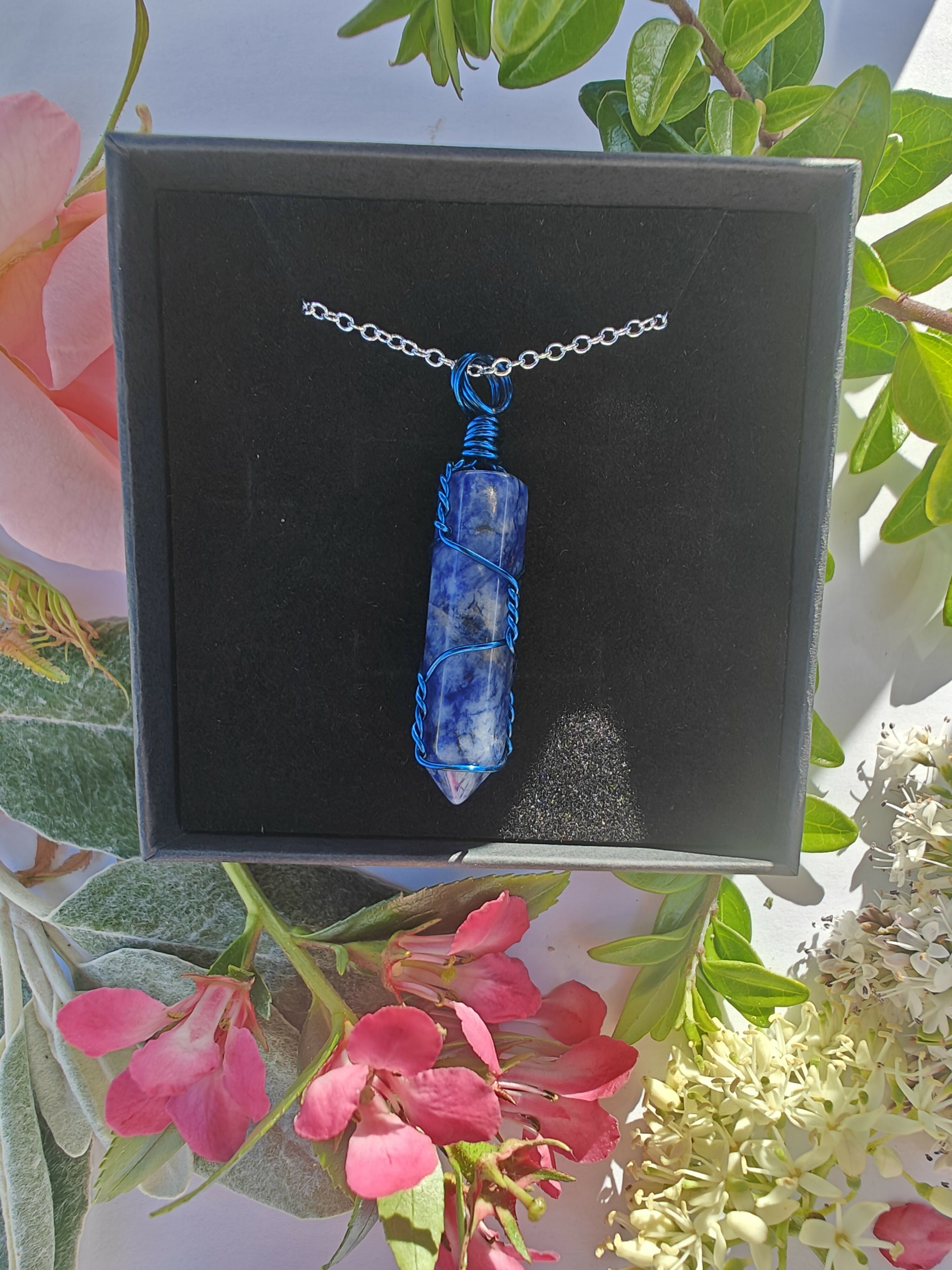 Sodalite Wire Wrapped Crystal Point Necklace on Sterling Silver Chain