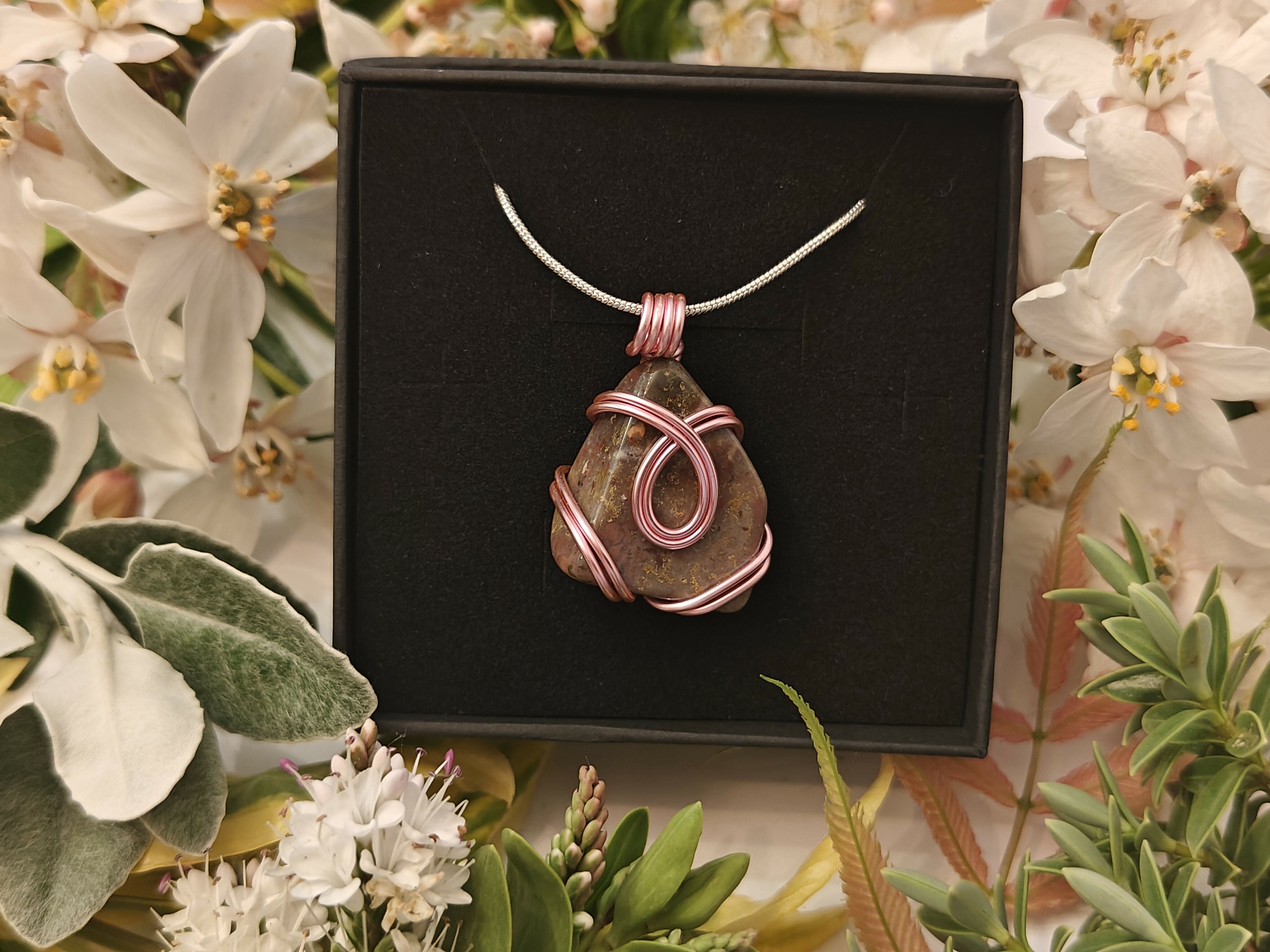 Jasper Wire Wrapped Crystal Necklace on Sterling Silver Chain