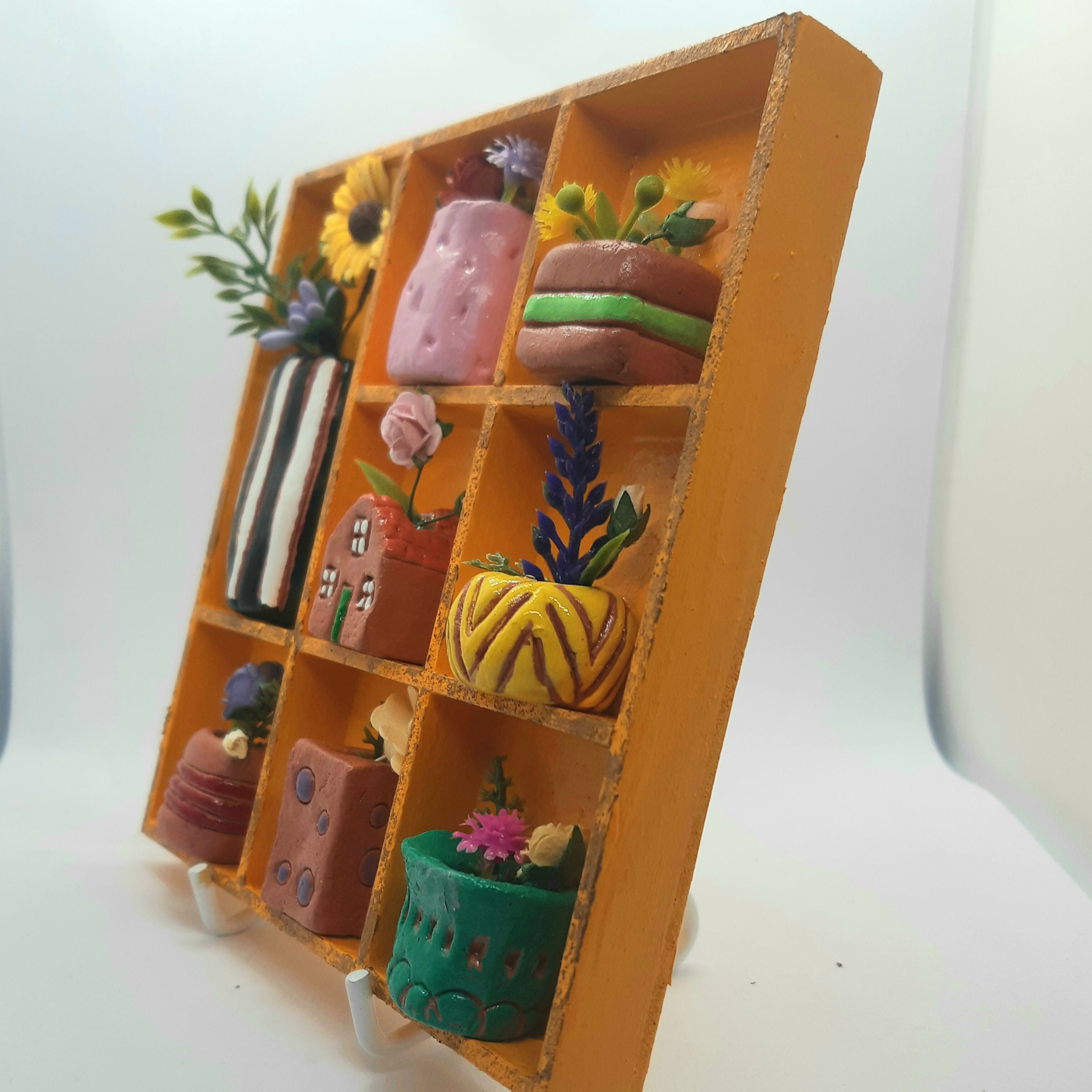 Clay Vase and Faux Flower Orange Painted Wooden Trinket Tray