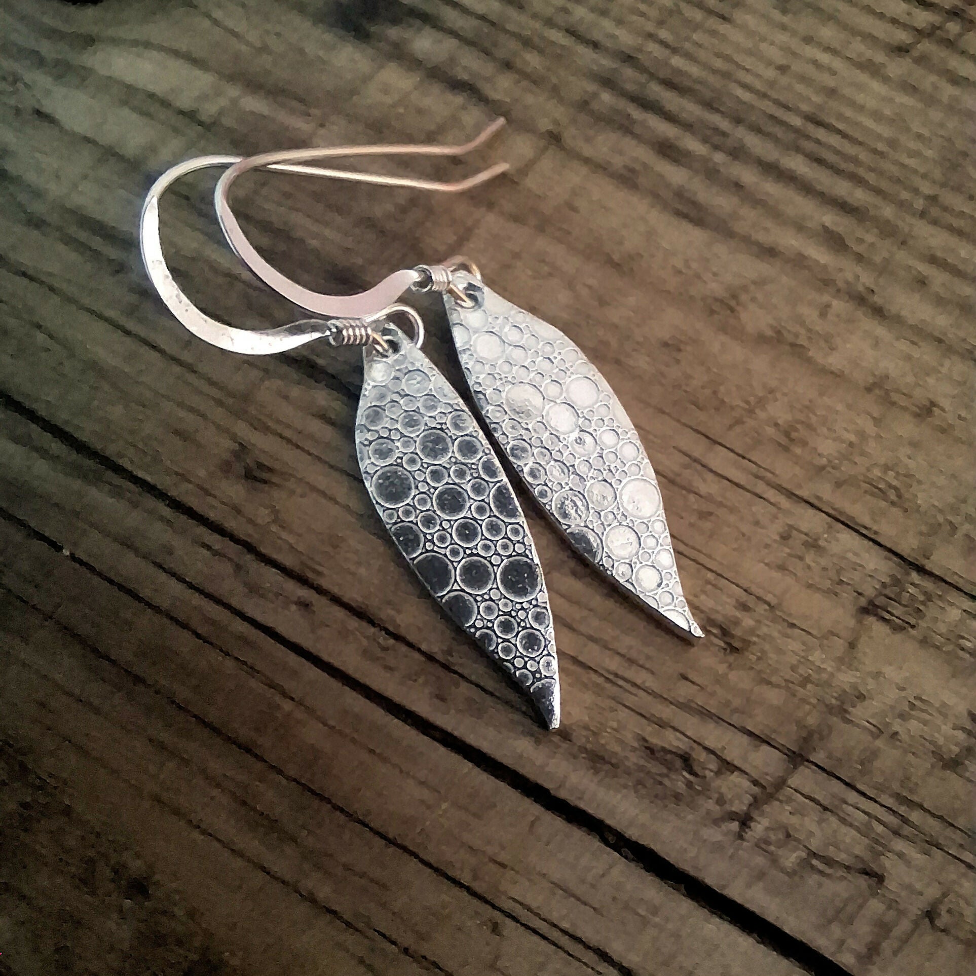 Handmade Silver Drop Leaf Earrings Bubble Texture