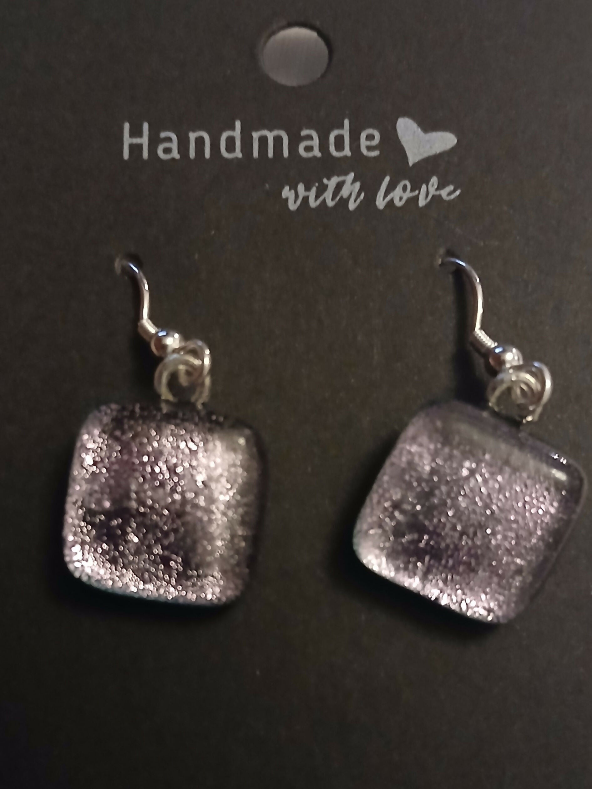 Fused Dichroic Glass Square Earrings in Silver with Sterling Silver Hooks