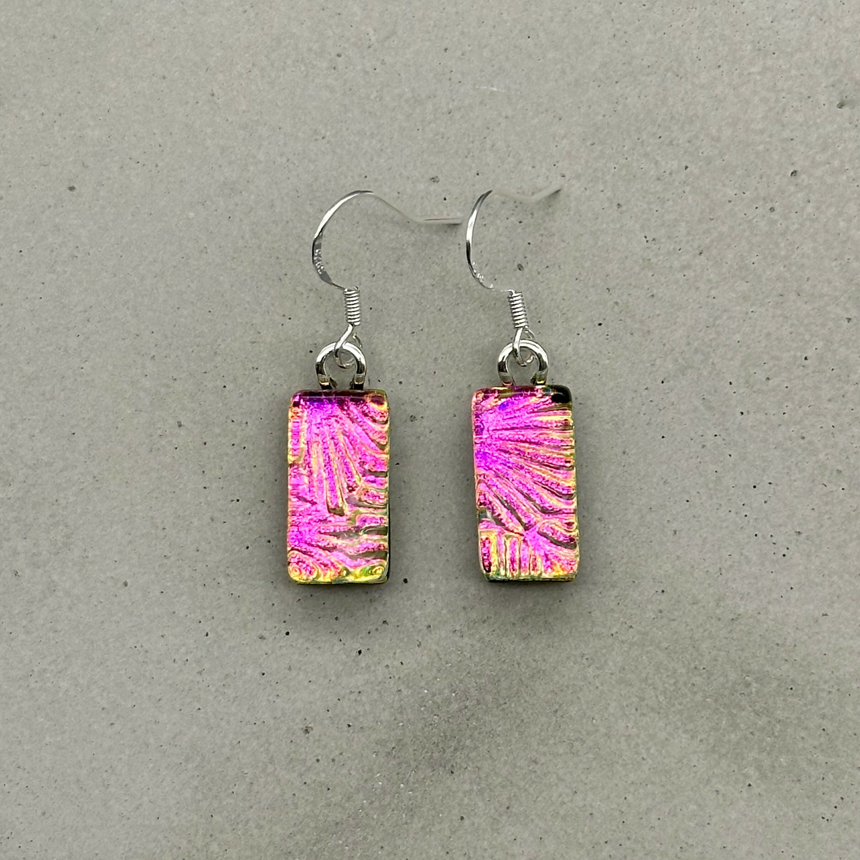 Pink Flower Dichroic Glass Necklace and Earrings Set - Sterling Silver, Handmade by Jade Tapson Glass.