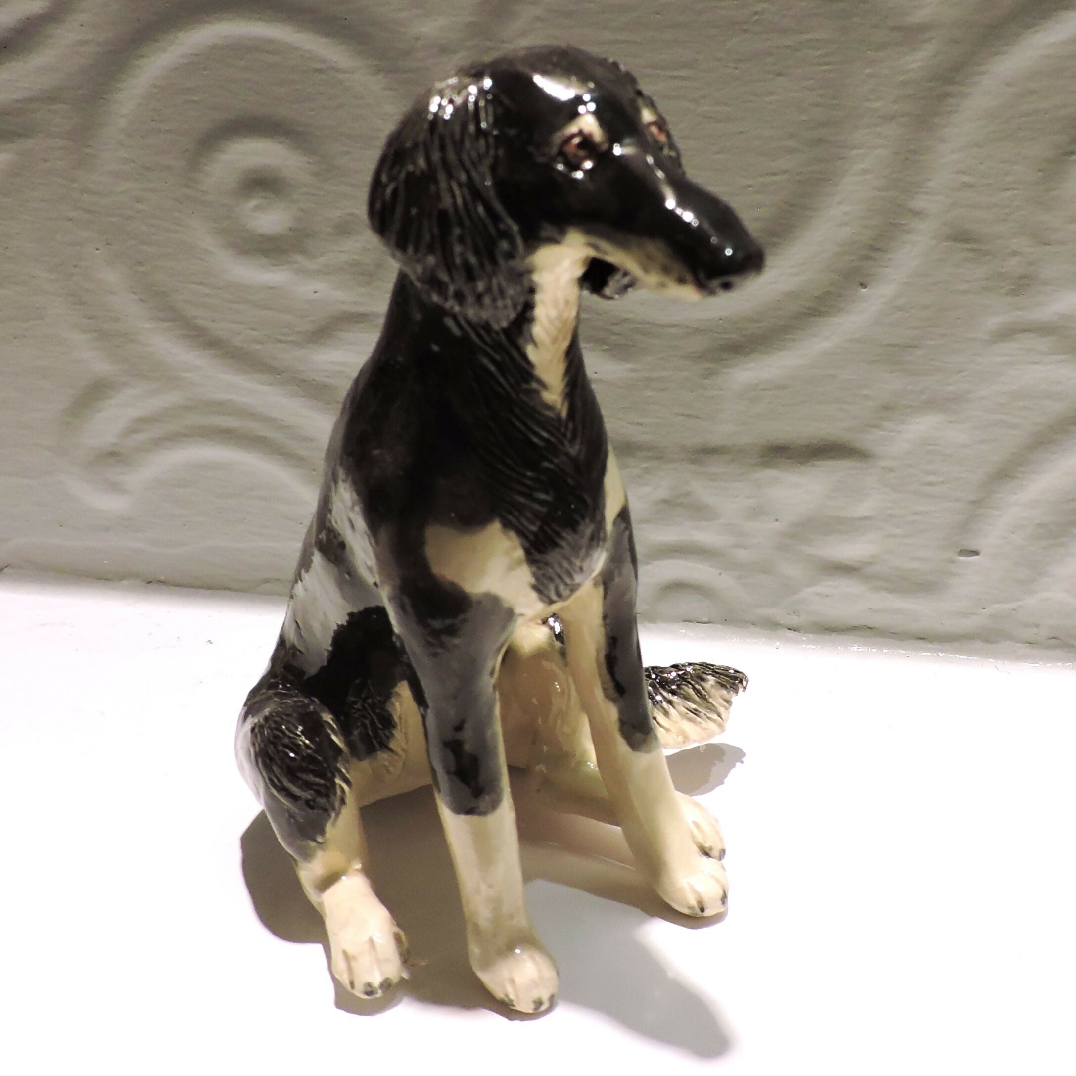 Ceramic Saluki dog sculpture, Black and sand
