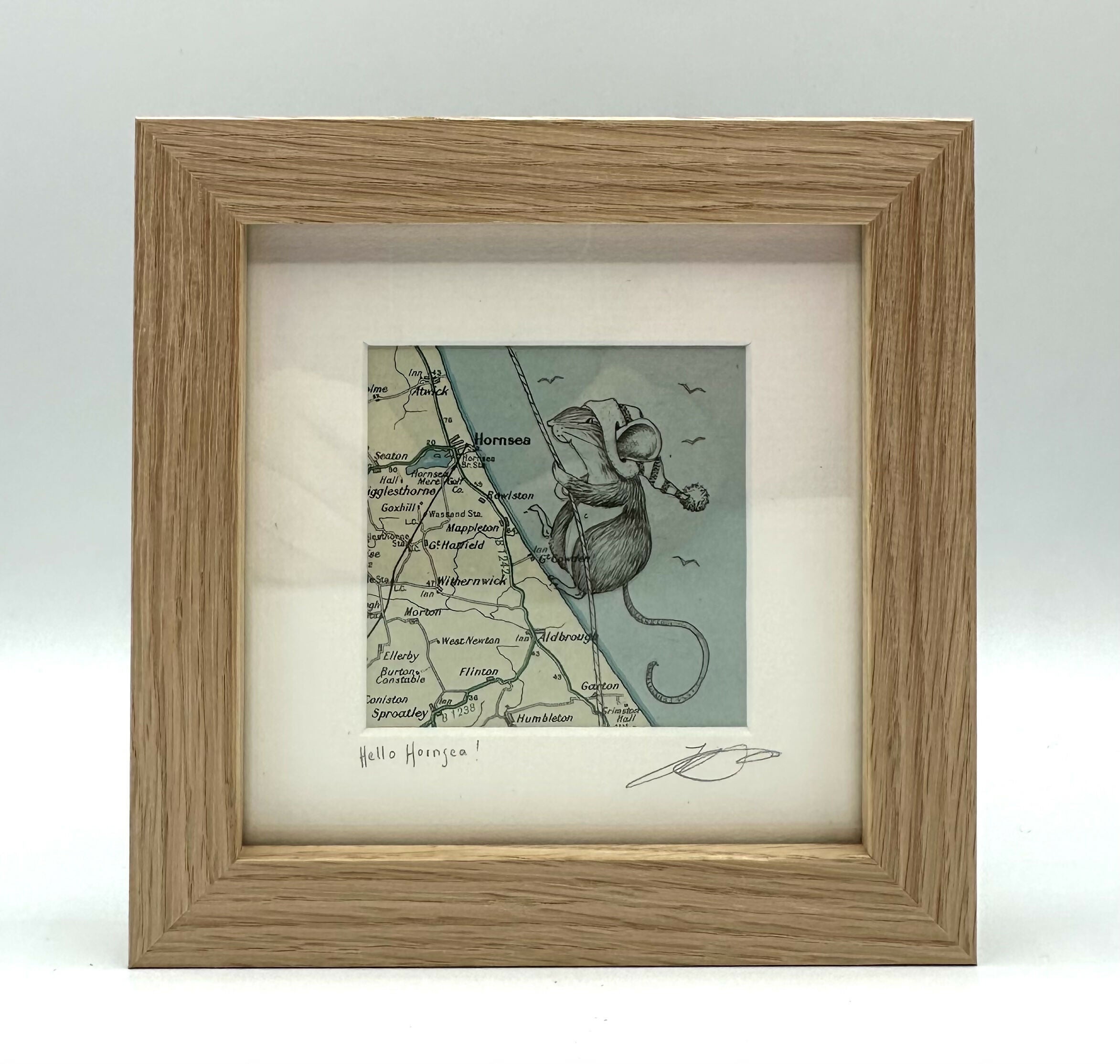 Hello Hornsea! - Original Pen Drawing on Vintage Map ( HORNSEA) by Jenny Davies