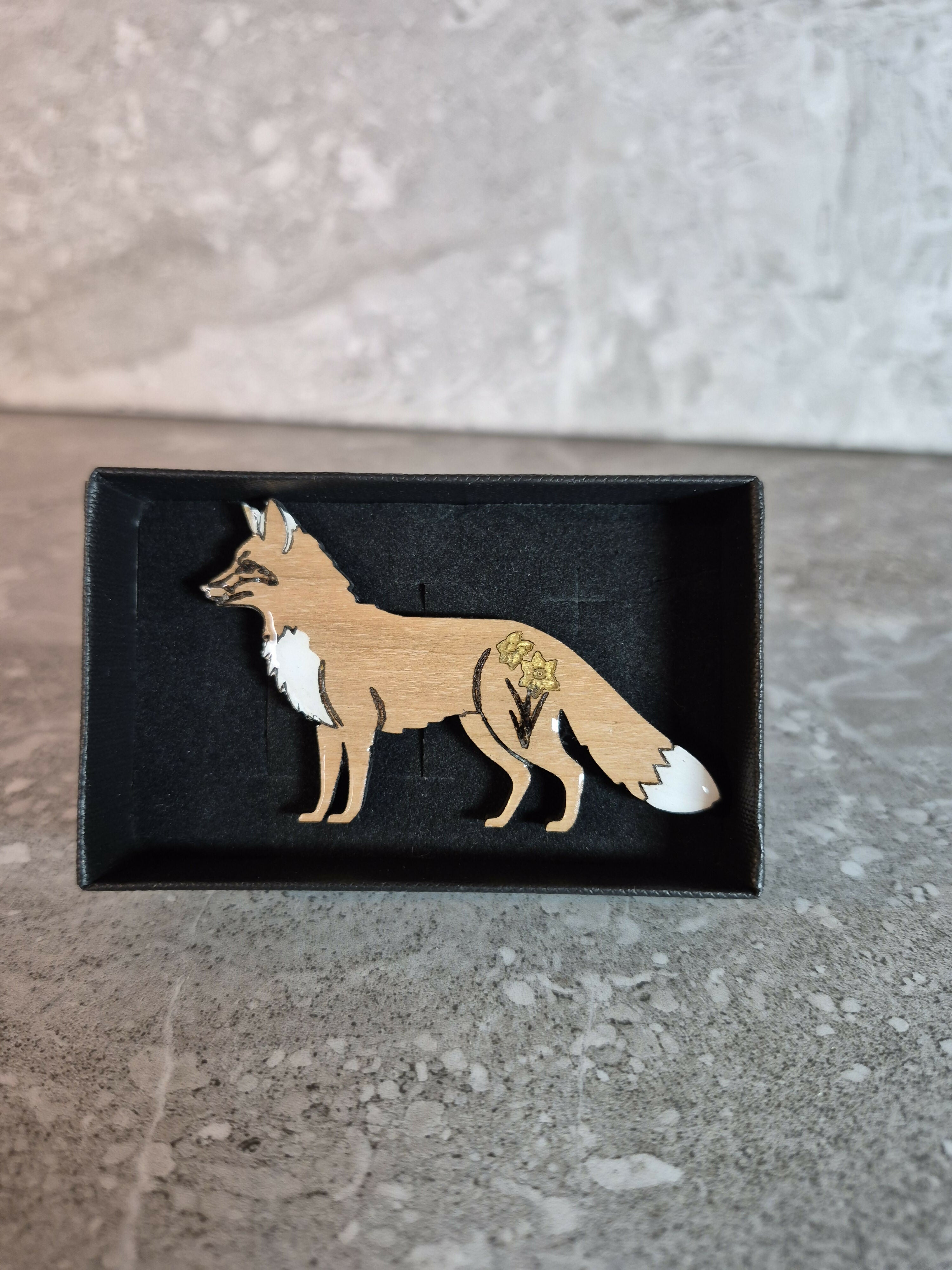 Handcrafted Cherry Veneer Red Fox Pin