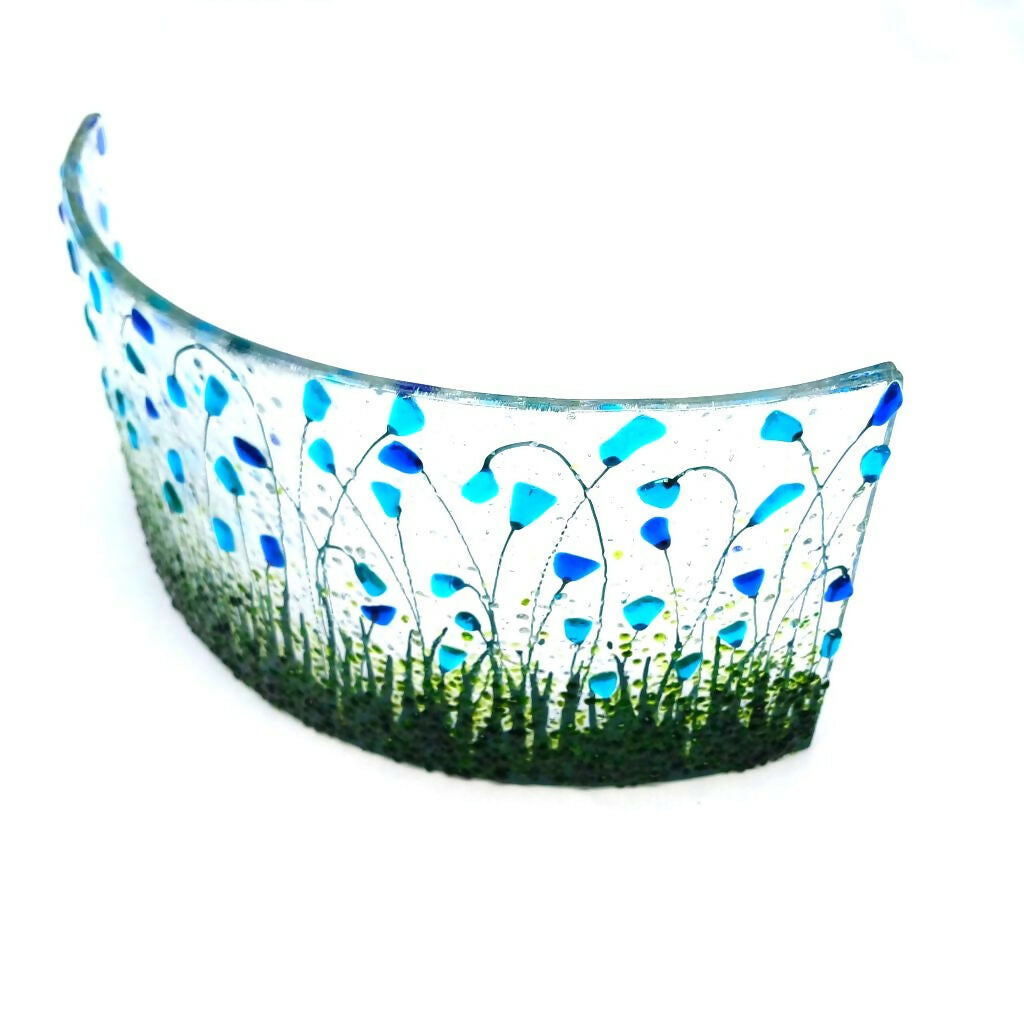 Large Freestanding Fused Glass Curve With Blue & Emerald Green Flowers