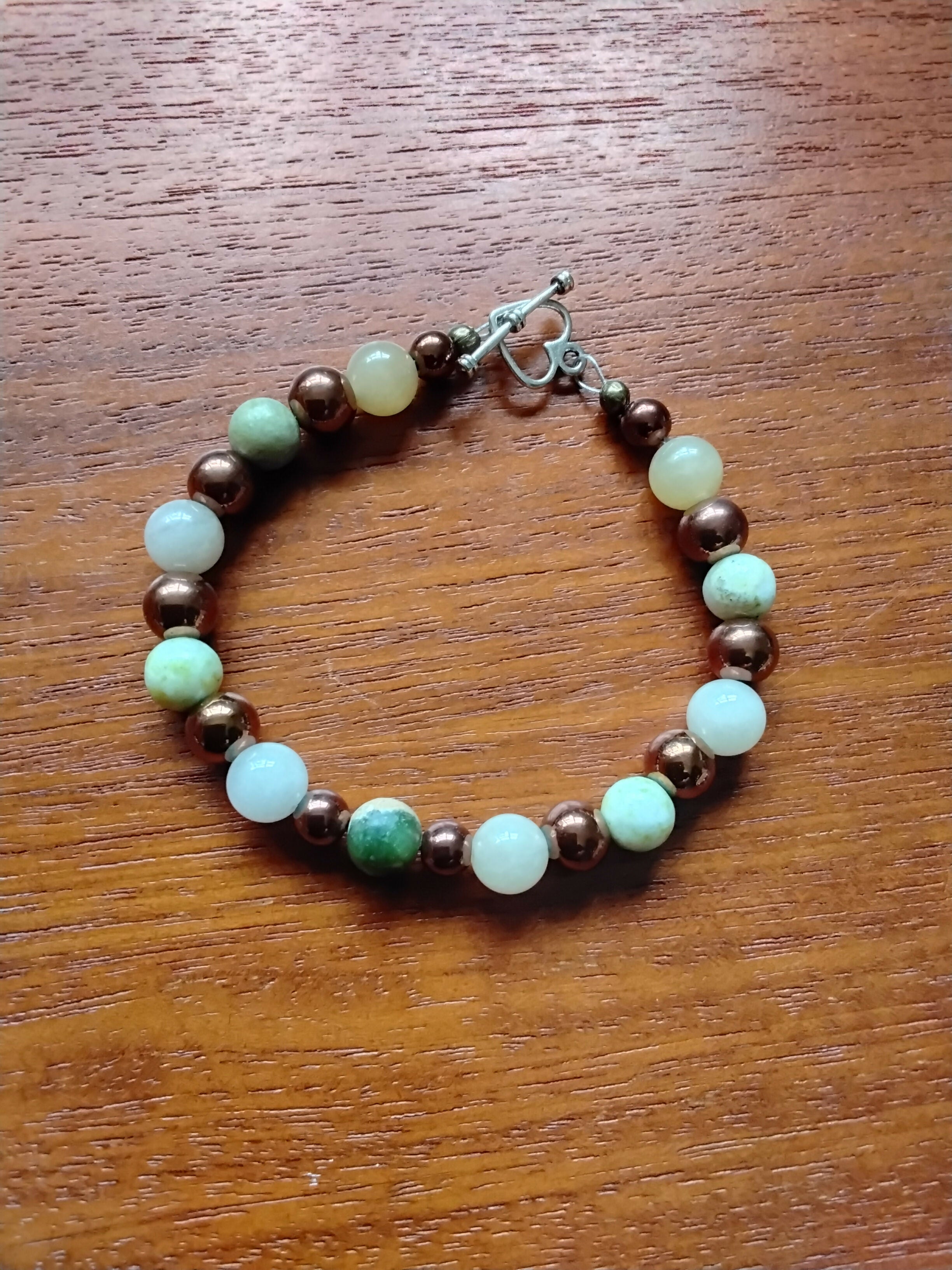 Tibetan Silver Toggle Catch Bracelet with Copper Hematite, Yellow Jade & Yellow Turquoise.
