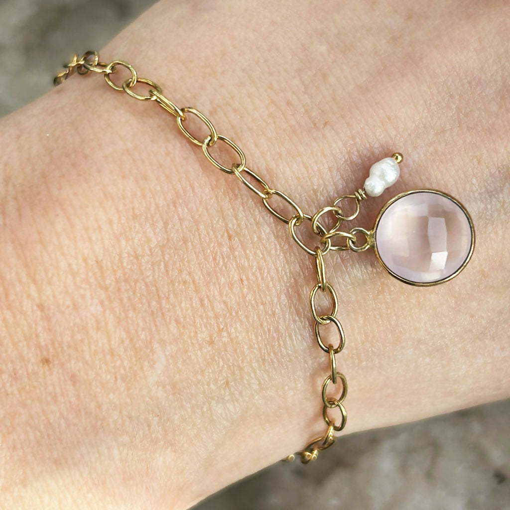 Handmade Gold Vermeil Rose Quartz And Fresh Water Pearl Cable Chain Bracelet