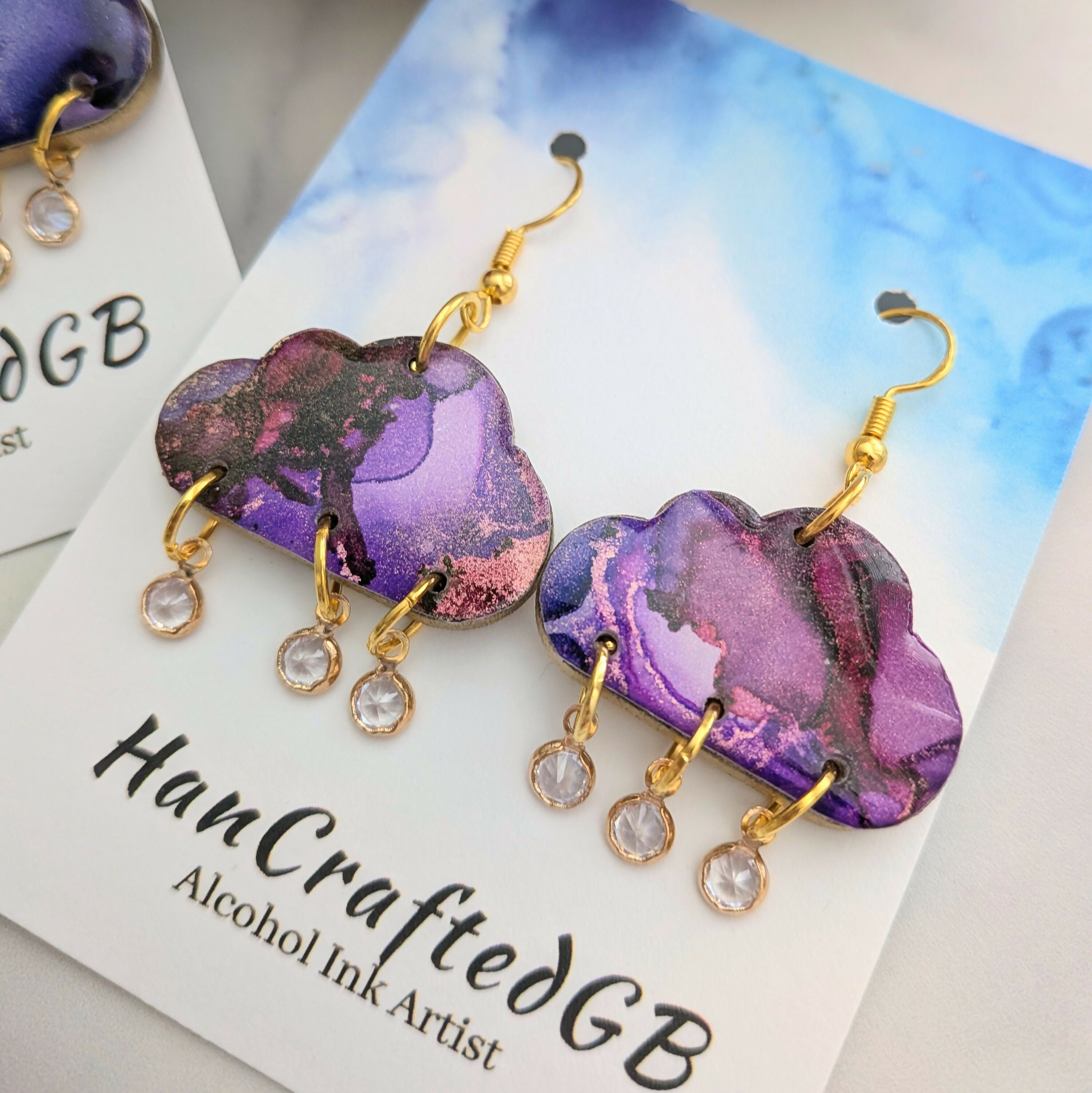 Stormy Rain Cloud Dangle Earrings, Alcohol Ink Art
