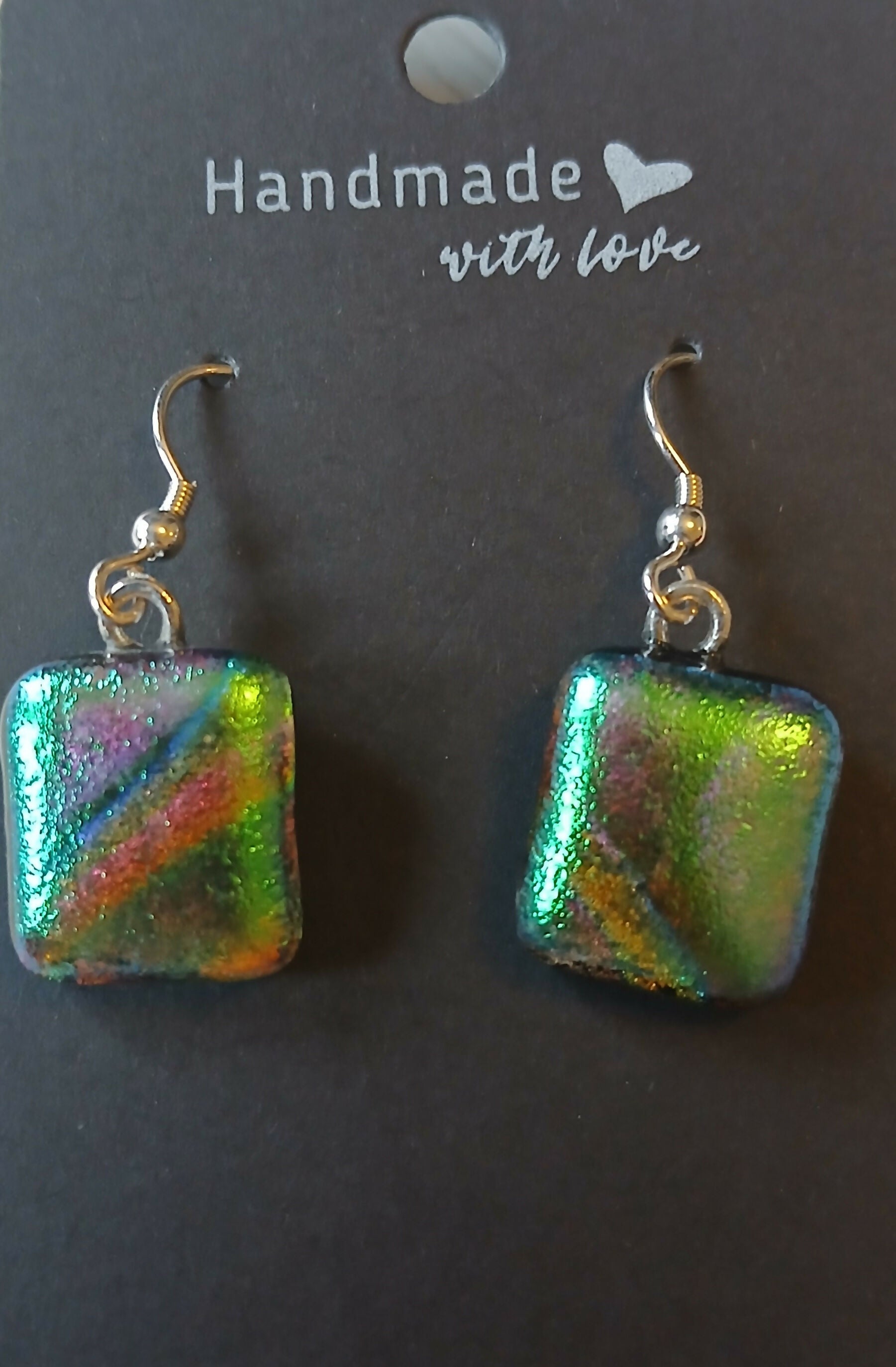 Fused Dichroic Glass Earrings in Green Rainbow and With Sterling Silver Hooks