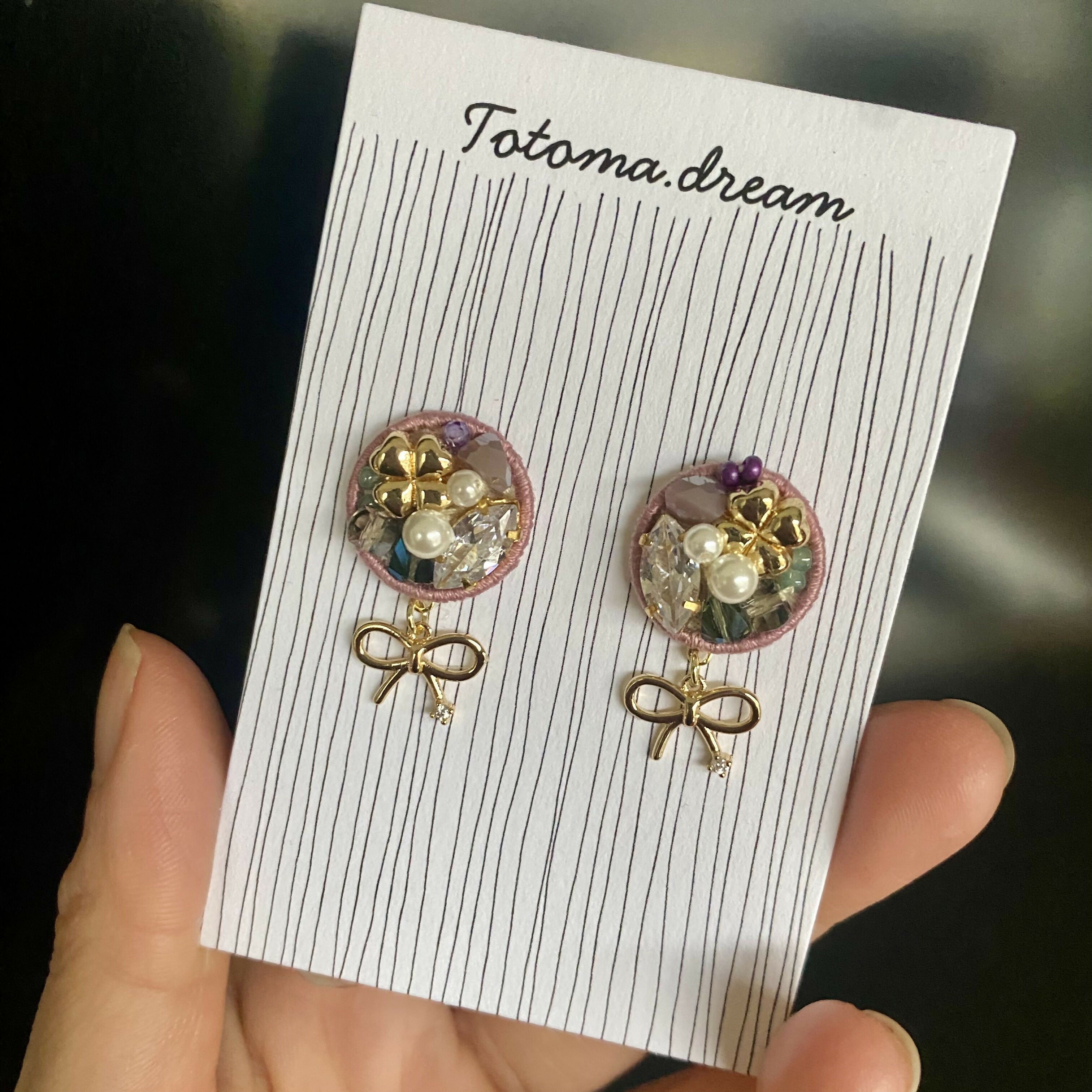 Crystal Embroidery Earrings with Ribbon Charm