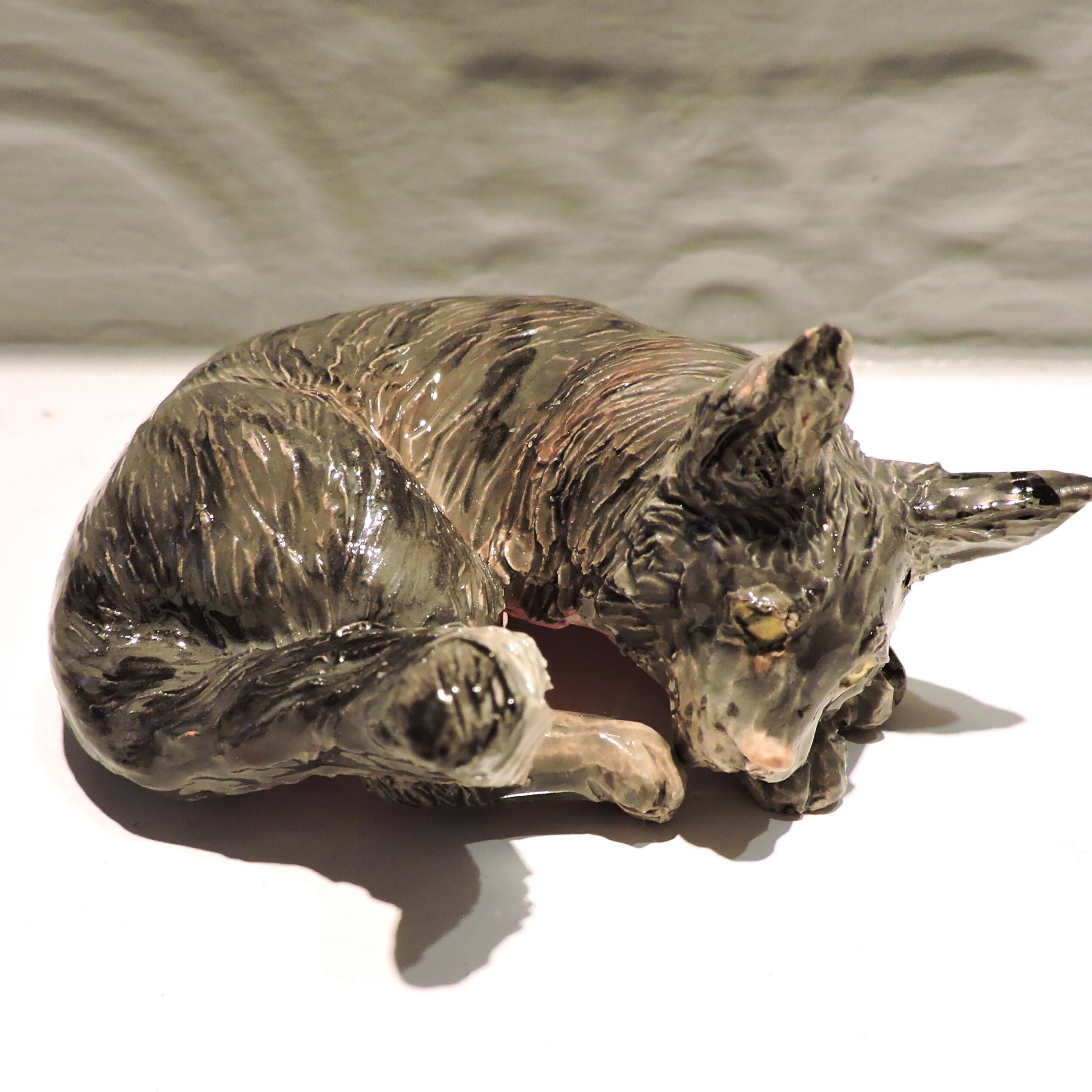 Ceramic Comfy grey maine coon cat sculpture,