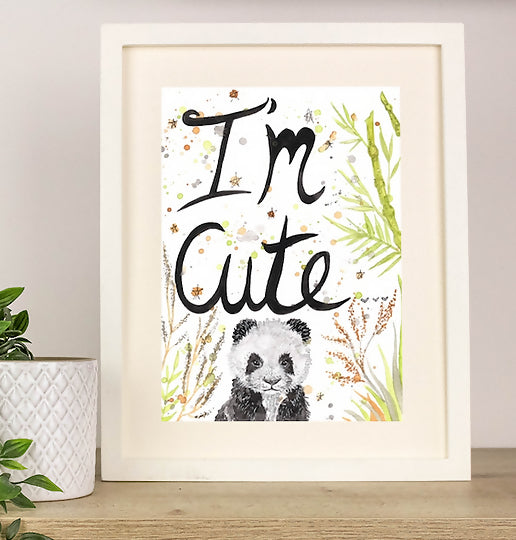 'I'm Cute' Watercolour Baby Panda Cub Painting Print A4 Mounted With Gold Leaf
