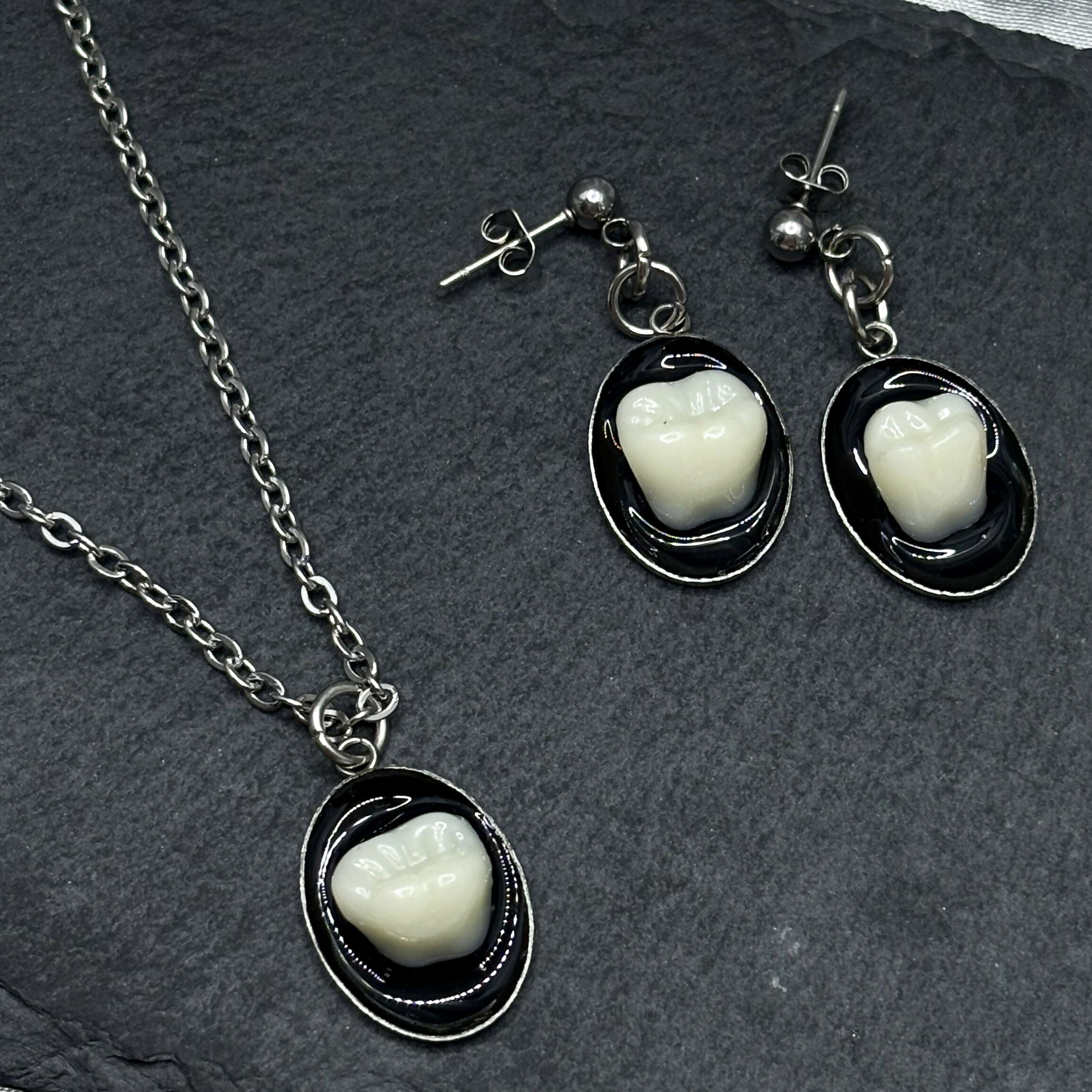 Oval Tooth Necklace & Earrings Set