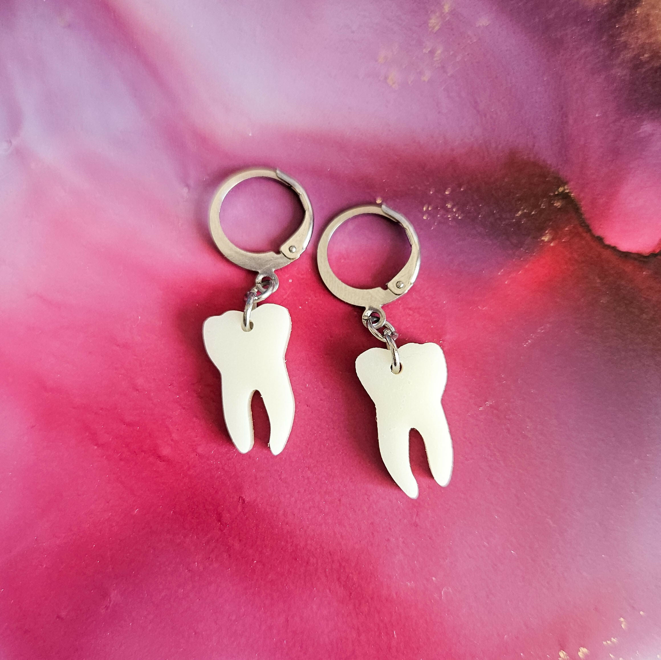 Handmade Resin Teeth Charms On Huggie Hoops