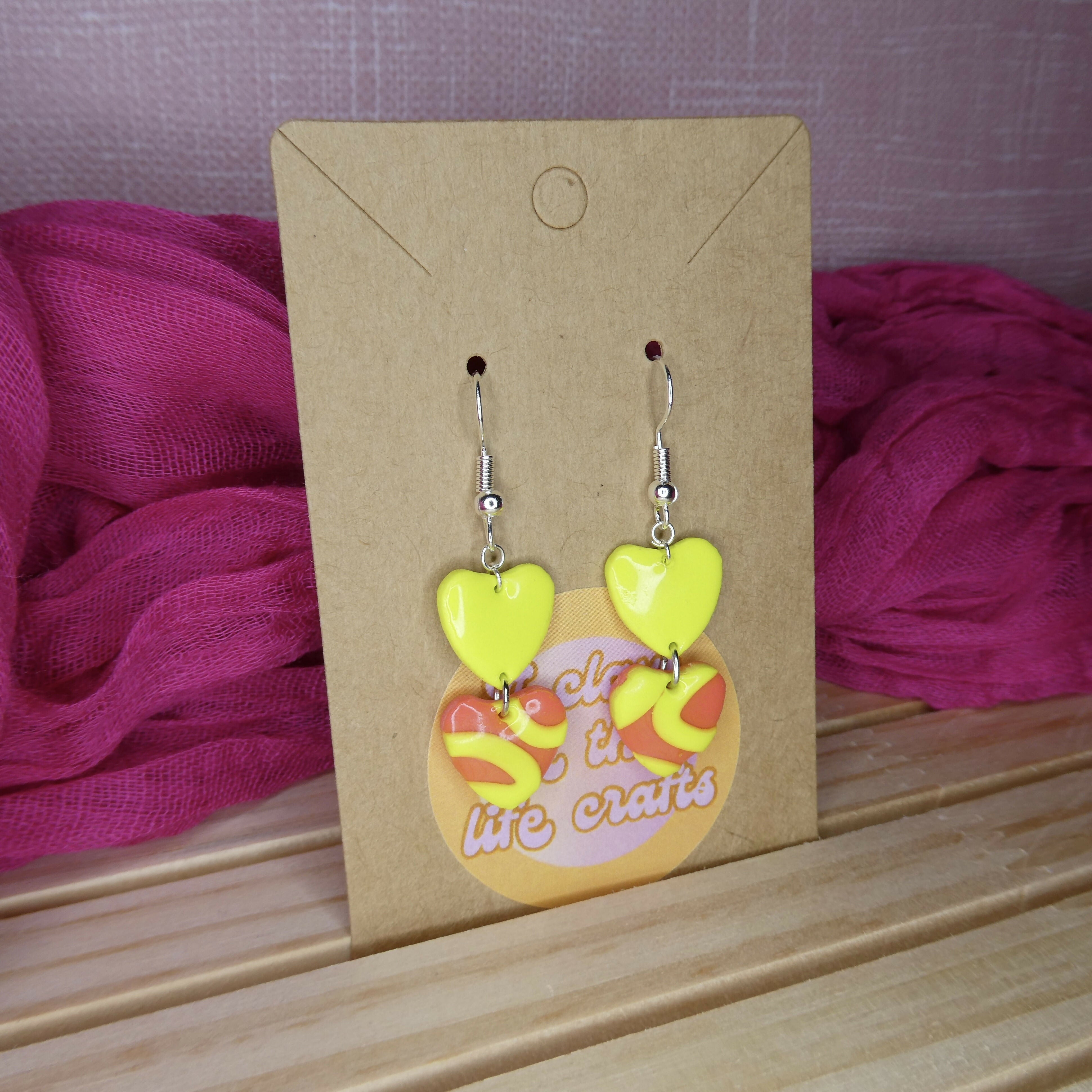 Neon Coral And Green Heart Dangle Polymer Clay Earrings