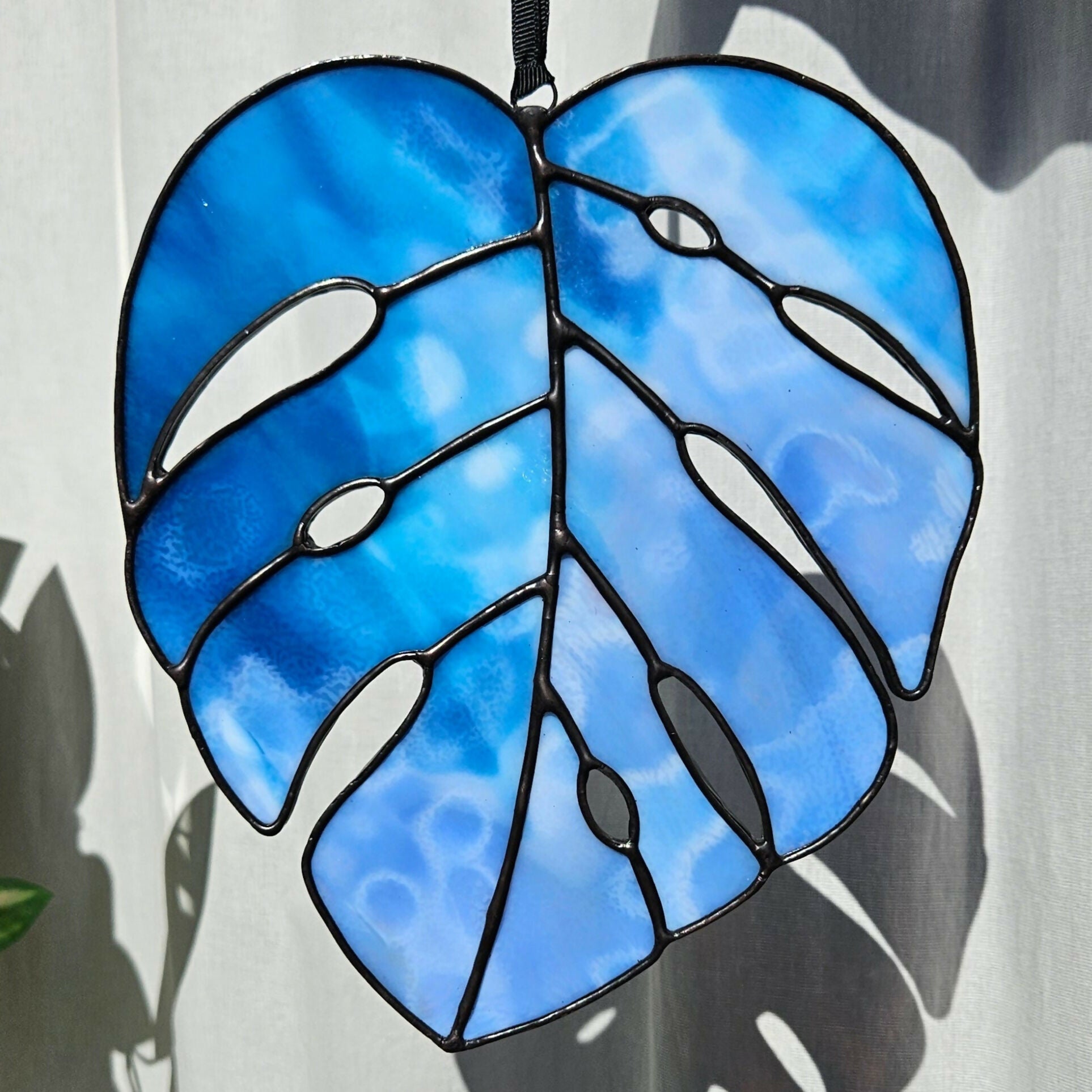 Mottled Blue Stained Glass Monstera Leaf