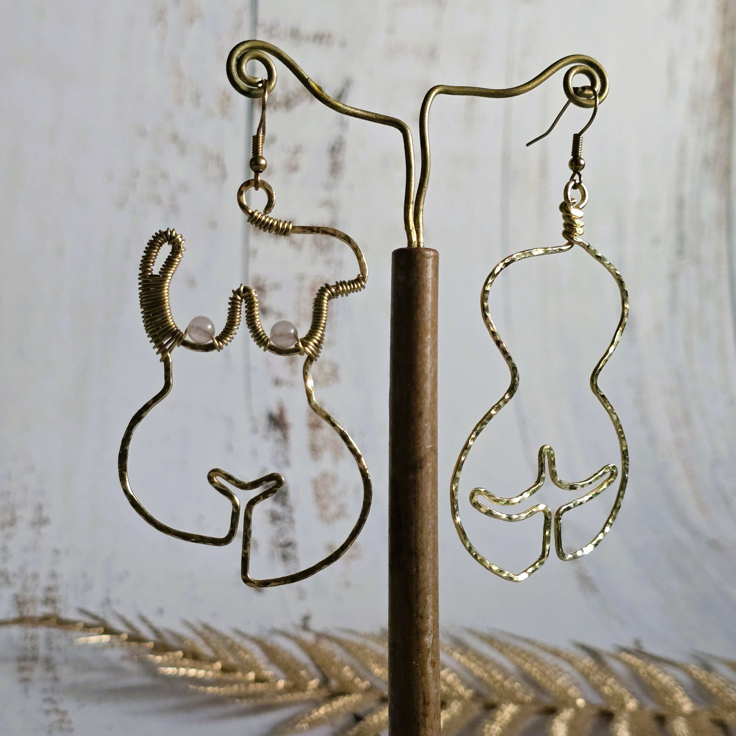 Goddess Woman Form Earrings; Rose Quartz Crystal Feminist Boob Nude Art Female Empowerment Gold Wire Earrings