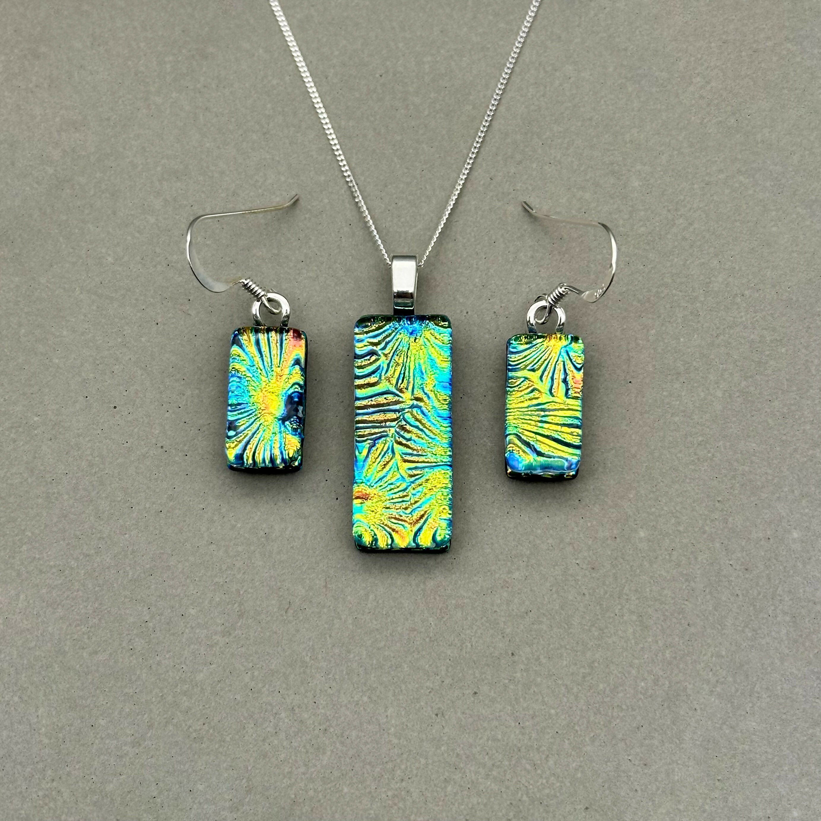 Rainbow Flower Dichroic Glass Necklace and Earrings Set - Sterling Silver, Handmade by Jade Tapson Glass.