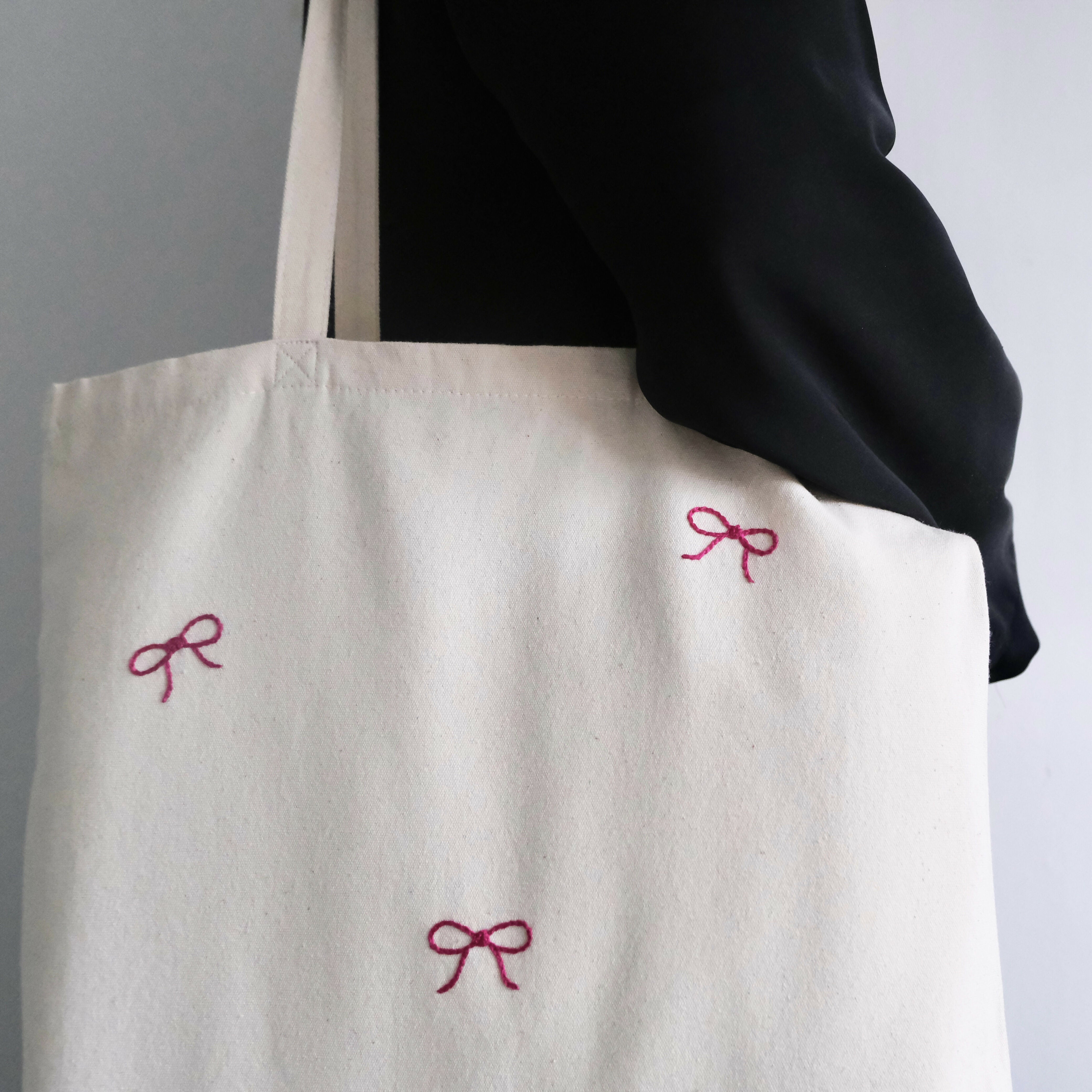 Hand Embroidered Pink Bows Tote Bag