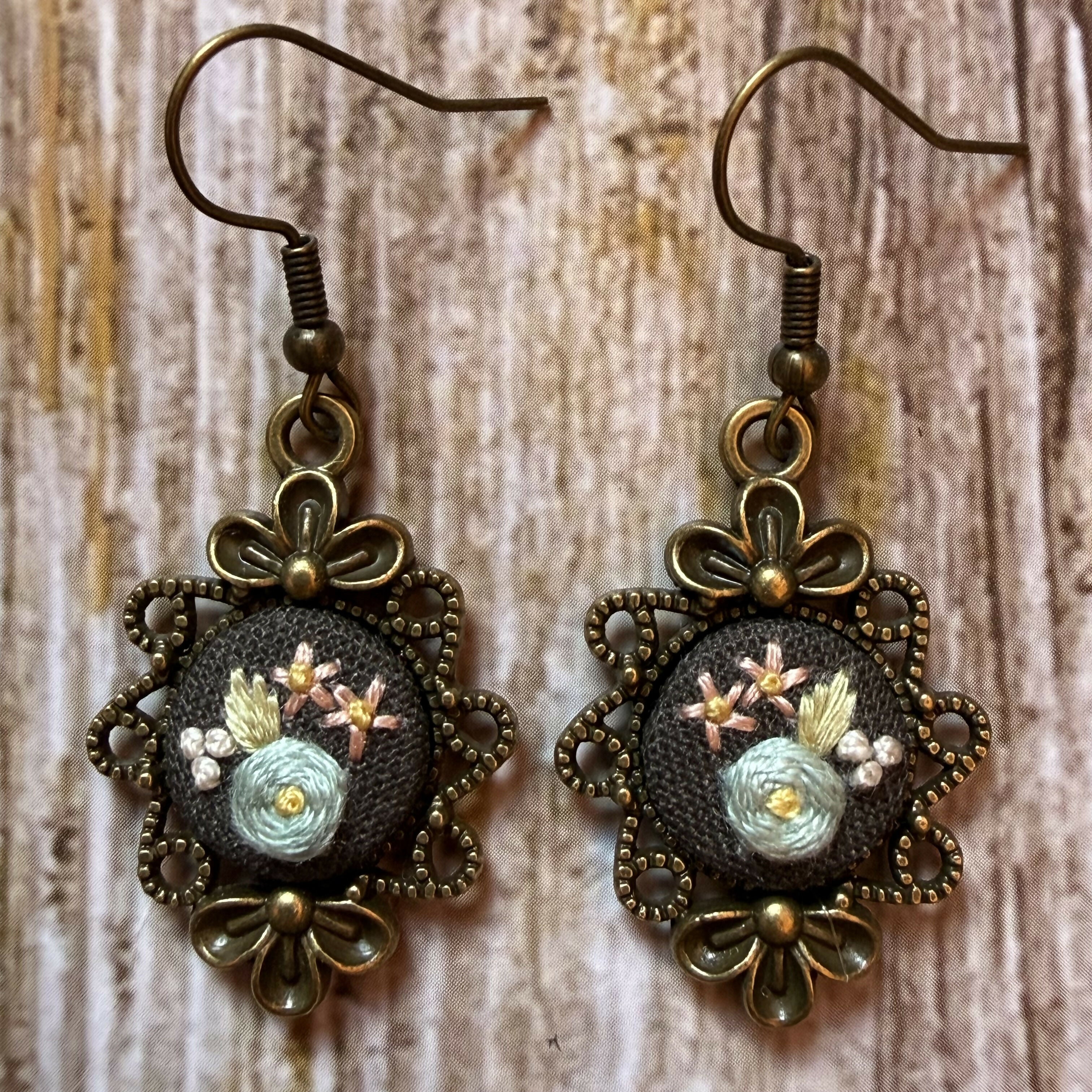 Hand Embroidered Brown Floral Vintage Style Earrings