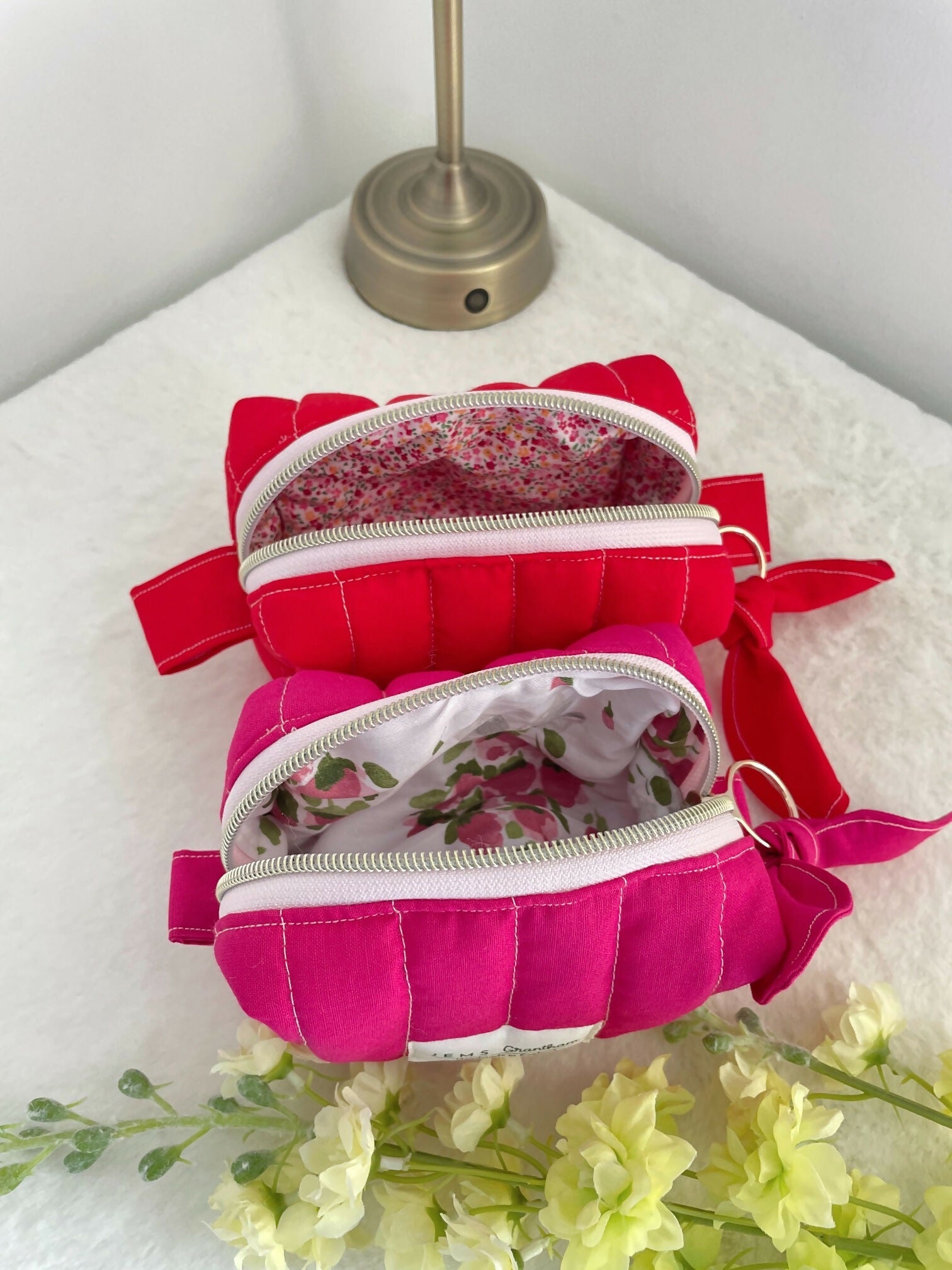 Small Quilted Toiletry Bag with Zipper in Red or Pink Colour