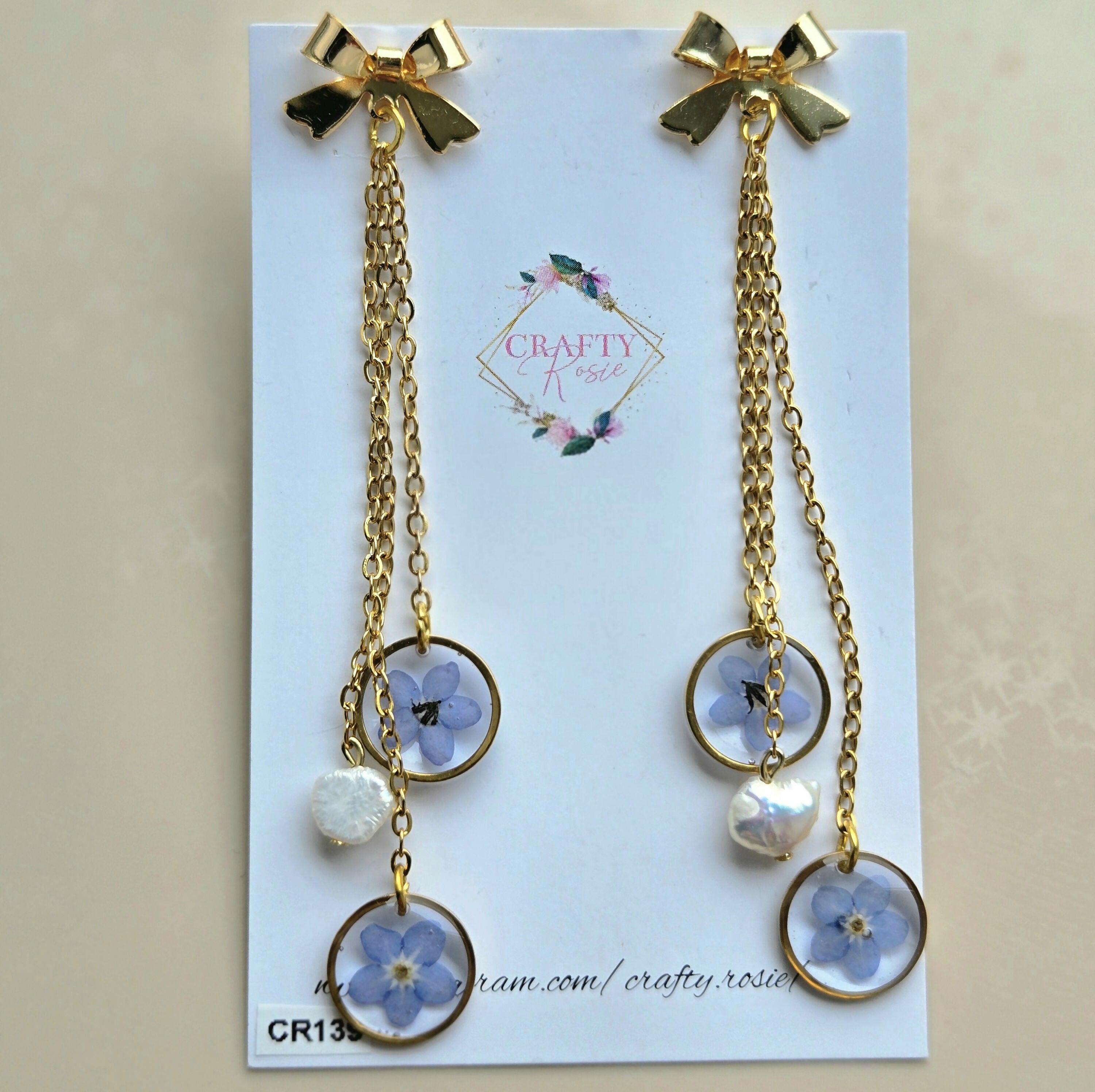 Stainless Steel Real Dried Forget Me Not Flowers Dangle Earrings