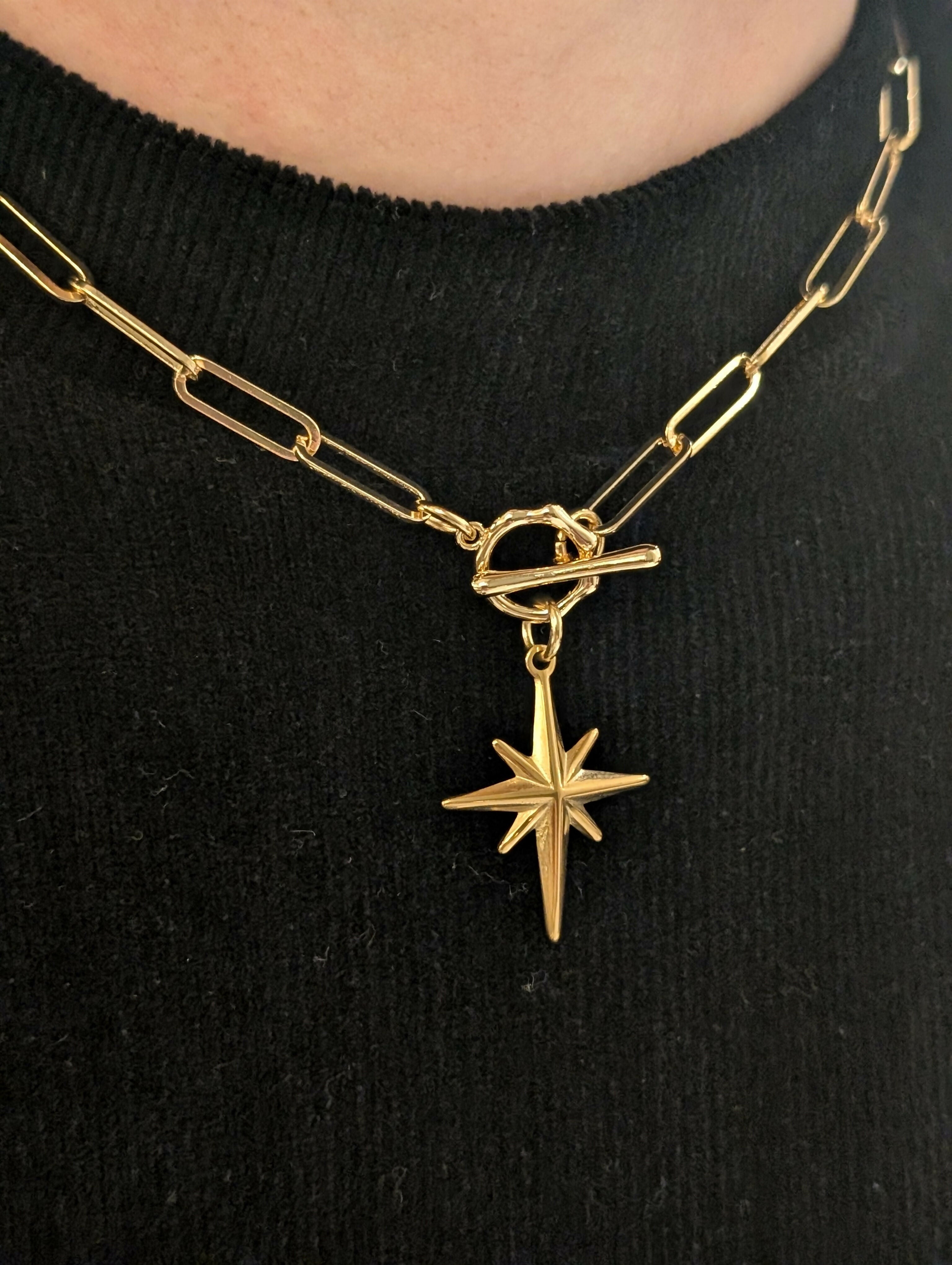 Gold North Star Toggle Necklace on Paperclip Gold Plated Chain