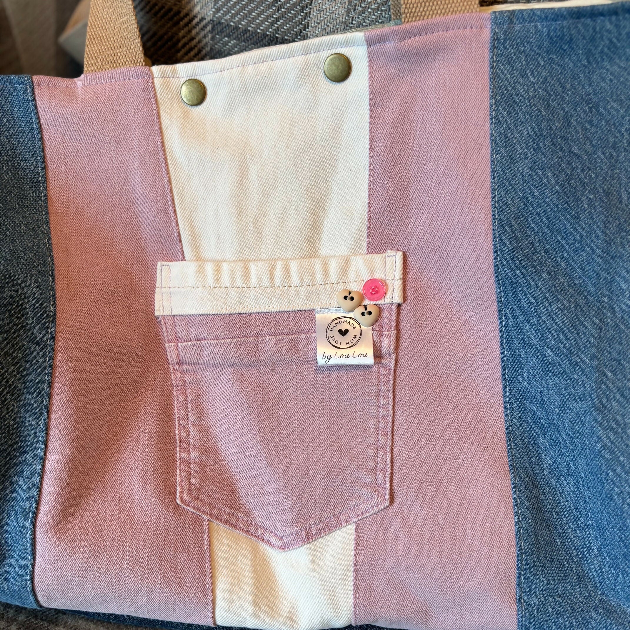 Unique Handcrafted Oversized Denim Tote Beach Bag Handbag Made From Upcycled Blue And White Jeans