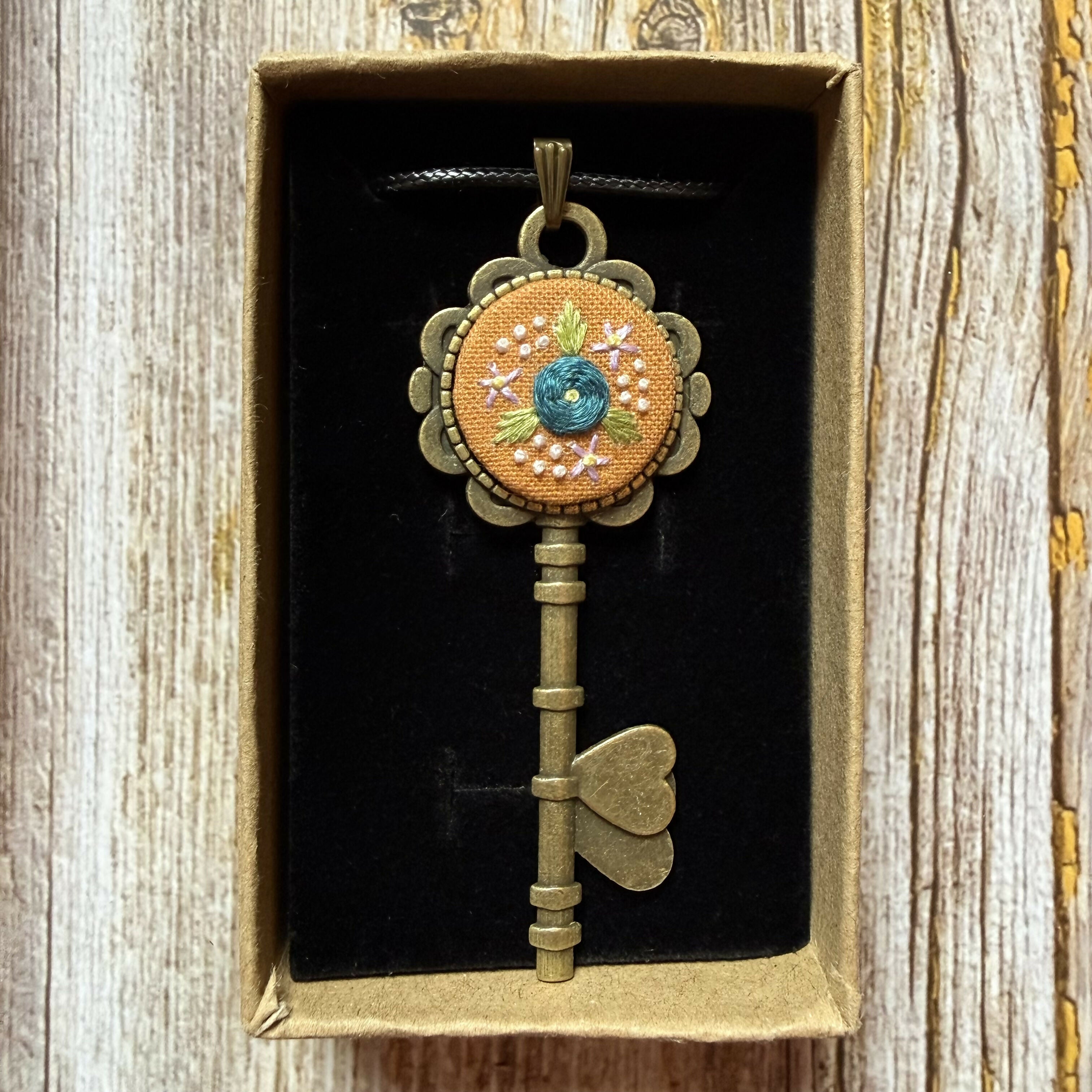 Hand Embroidered Orange Floral Key Necklace