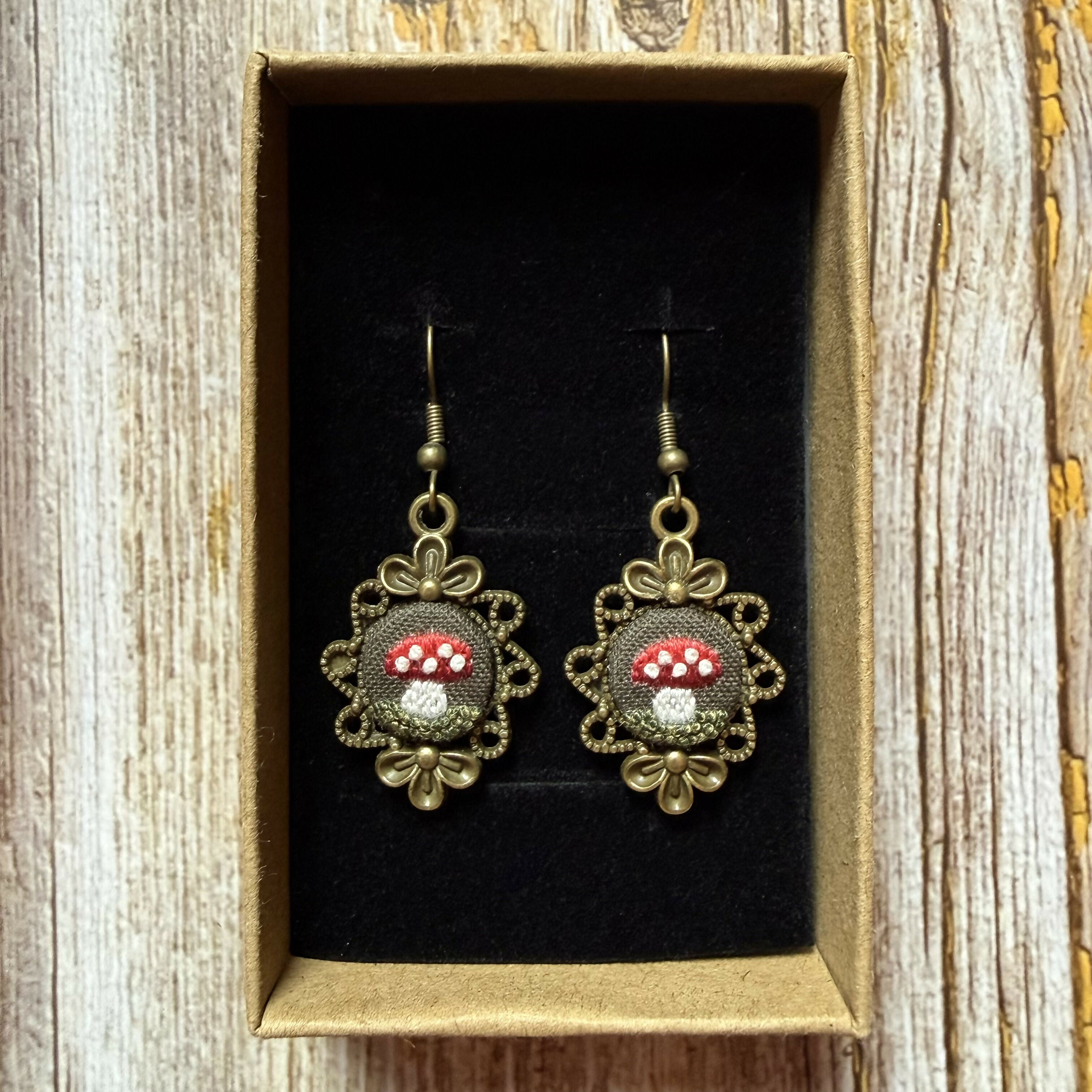 Hand Embroidered Vintage Style Mushroom Earrings